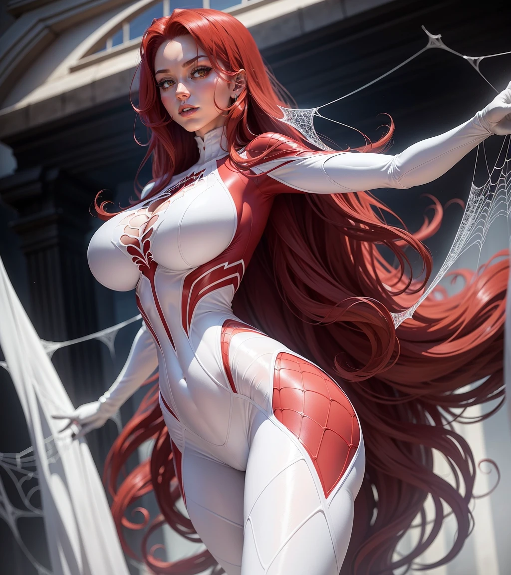 2girl in, ((Shiny skin)), (Red hair), ((Open thighs)), (Splattering sweat), , Body climax, , ((white rubber suit)), I can see the cleavage,On the roof of a building, Look at viewers, face to viewer,((shoulder-length hair)), (straight haired),(( close-up)),hands above your head, Large breasts,Colossal 、((Skinny body))ejaculation