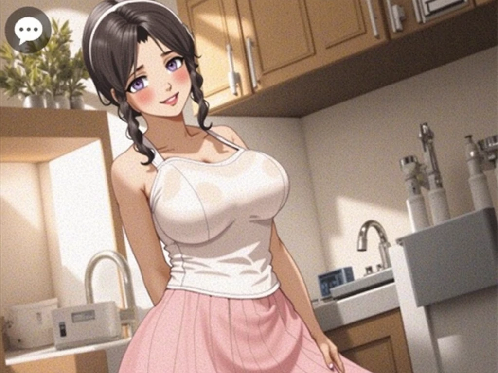 Beautiful house wife, Tan skin, wearing Apron, horny smile, has fatty upper pubic area.