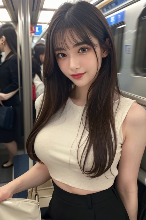 A packed train in tokyo, office ladies commuting to work, suits, people standing so close together that their bodies are touching, ((full body)), ((photo)), ((best qualtiy, 8K, tmasterpiece:1.3)), Focus:1.2, perfect figure beautiful girl:1.4, 1girl, cowboy shot, look at viewer, incredibly absurd, beautiful and cute girl with a photorealistic face, showcasing top-quality craftsmanship, A Japanese woman looking cramped on a crowded train, 20 years old, long dark brown hair that falls to her shoulders, long shiny hair, with bangs, side parted hairstyle, brown eyes, round face, small nose, cherry red lips, bright smile, white teeth, smooth skin, healthy complexion, small ears, natural eyebrows, long eyelashes, slim, well-balanced proportions, moderate muscle, slim waist, round hips, supple limbs, short nails, beautiful C cup breasts, white blouse, black tight skirt, heeled pumps, silver necklace and bracelet, black belt, pretty older woman, beautiful, neat, soothing, cute voice, polite, kind-hearted, responsible, positive, optimistic, sociable, good communication skills, April