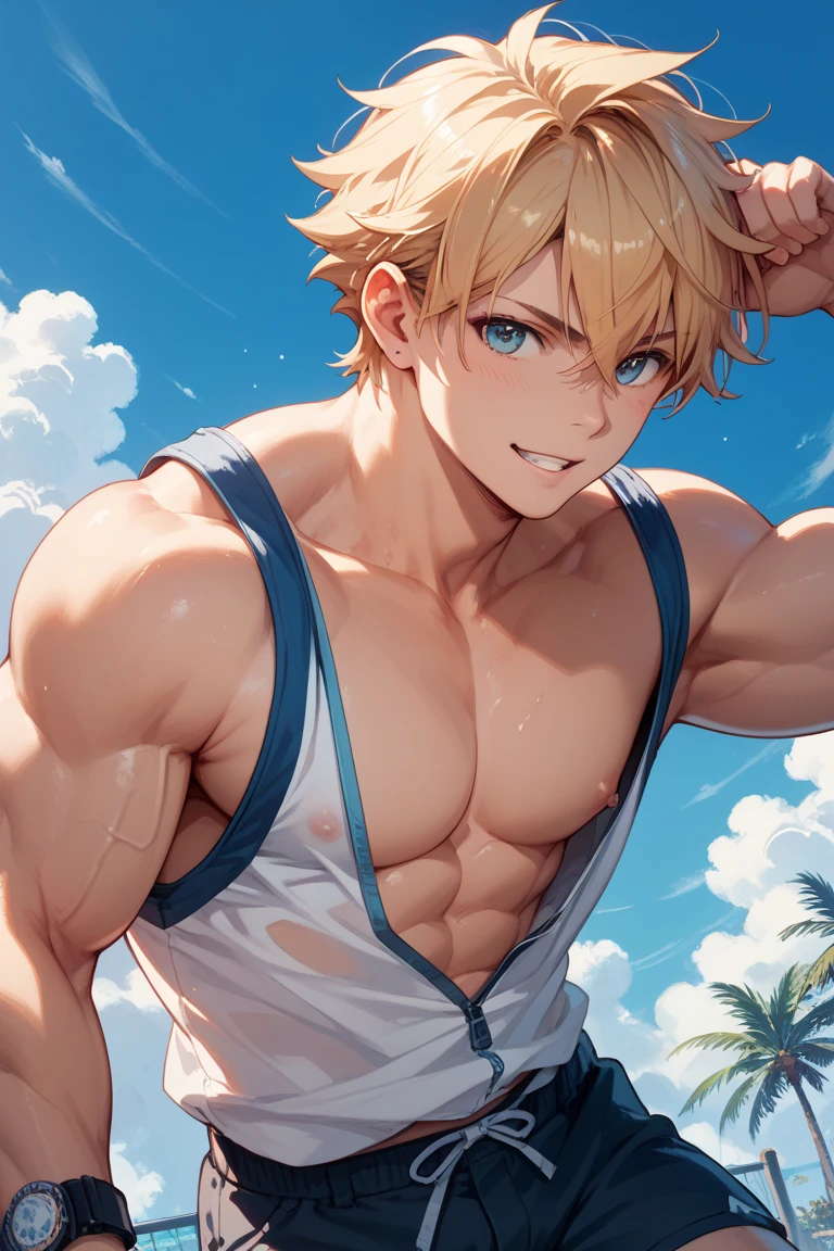 kagamine len(/vocaloid/), blonde hair, blue eyes, smile, shirtless, slim, fit, abs, closed mouth, outdoors, sky, day, briefs, cloud, sunny, pants,