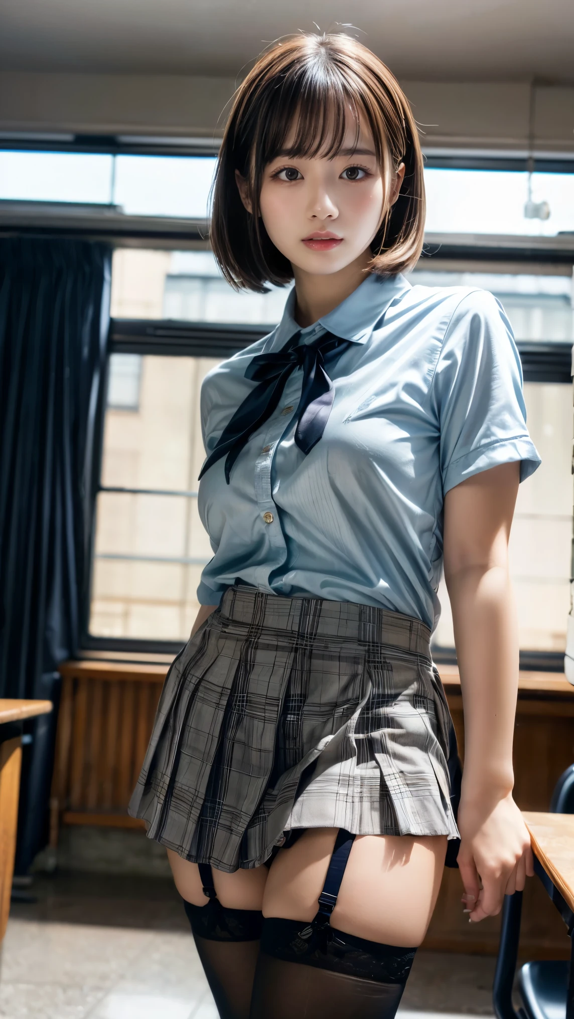 masterpiece, best quality, illustration, Super detailed, fine details, High resolution, 8K,wall paper, perfect dynamic composition,(Details High quality, realistic depiction of eyes:1.3), (white school shirt :1.2), (plaid skirt :1.3), tie black, black thigh-high stockings, standing, open legs, short bob hair, in a classroom, blackboard in the background, deep on field, large breasts, black hair color, Big Natural Color Lip, (perfect body shape), crying a little、Harajuku style、30 year old girl、cute type、lolita、beautiful legs, Gravure Idol