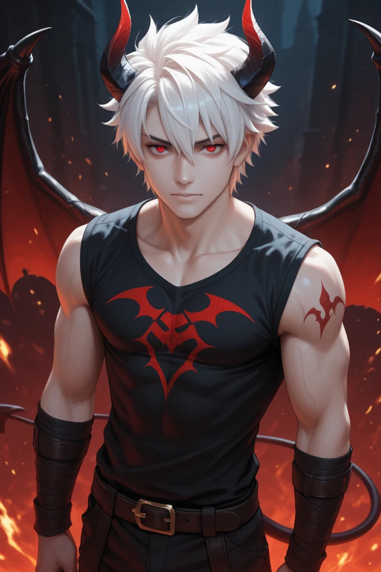 Short white hair boy with red, Red eyes, a dragon tattoo on the neck and , a bandage on the neck. He has a cigarette in his hands and a funny look. Dressed in a black sleeveless t-shirt and military pants.