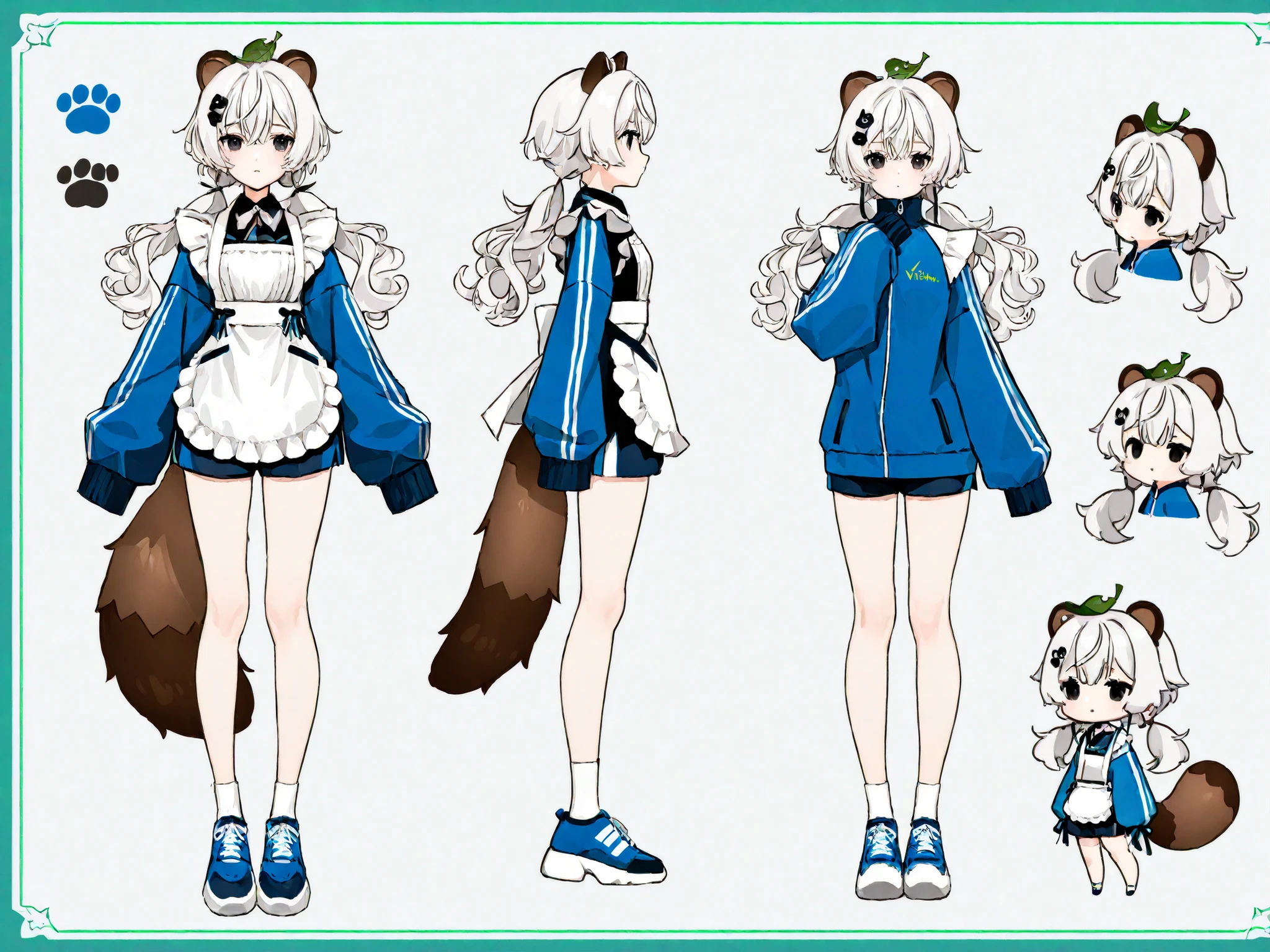 1 girl, cute, leaf on top of head, raccoon dog ears, bangs, white hair, wavy hair, short low twintails, black eyes, small breasts, sky_blue_track_jacket, sleeves past fingers, maid apron, dolfin shorts, raccoon dog tail, (((vtuber design, character sheet)))