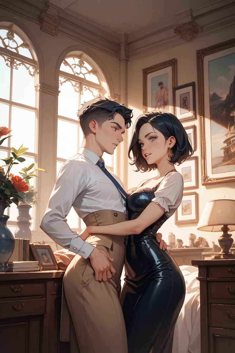 (high-res,masterpiece:1.2),full-body,lean boy:0.5 in sex with tall dominating mistress, femdom:1.8, ((confident woman:1.5, gender role reversal:1.2, girl hung over on boy, (( girl roleplaying as boy:1.2, boy roleplaying as girl:1.6)), reverse upright straddle:1.2, penis visible )). (cinematic lighting),