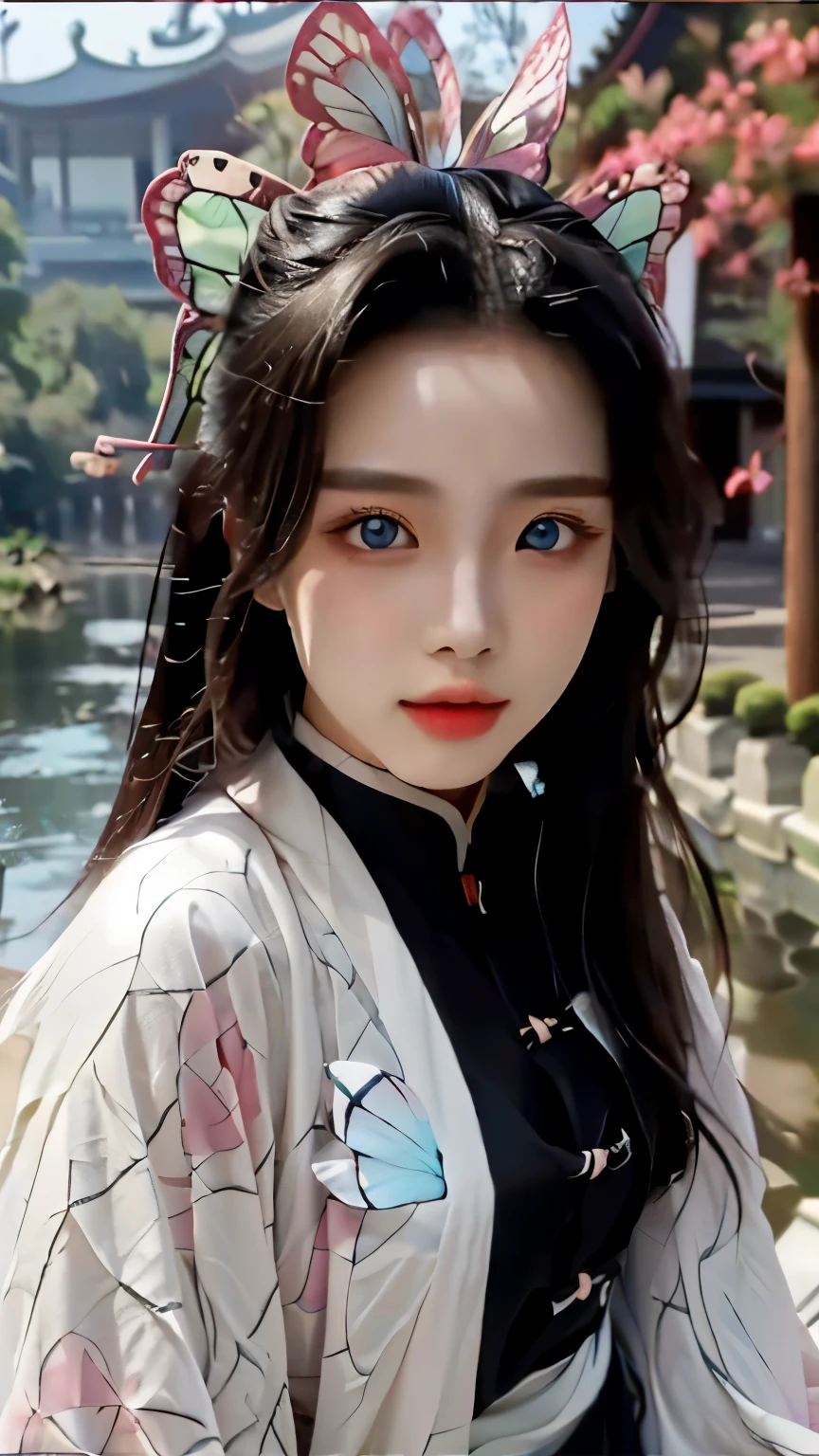 Close-up of a woman with a butterfly in her hair, palace ，  girl in Hanfu , gentle portrait shooting 8k, extremely beautiful face, Chinese Girl,  Very beautiful portrait, Chinese style, Traditional beauty ,  beautiful young girls , very beautiful girl, very pretty face,  traditional Chinese , Young anime girl with long hair and sharp eyes, Cute and delicate face, Chinese blue eyes