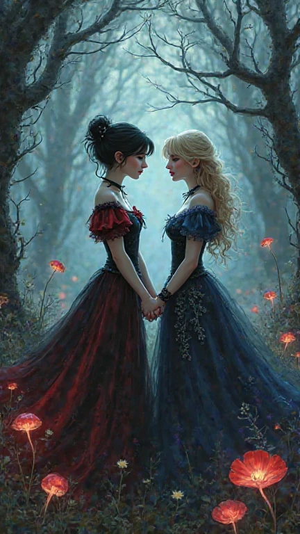 Two girls, lesbian couple, tall, beautiful, both with long hair and smiling happily, both holding hands, in the landscape you see the houses and shops of the city, both with elegant dresses of the 21st century and it is night in the city, there are fireflies around them,