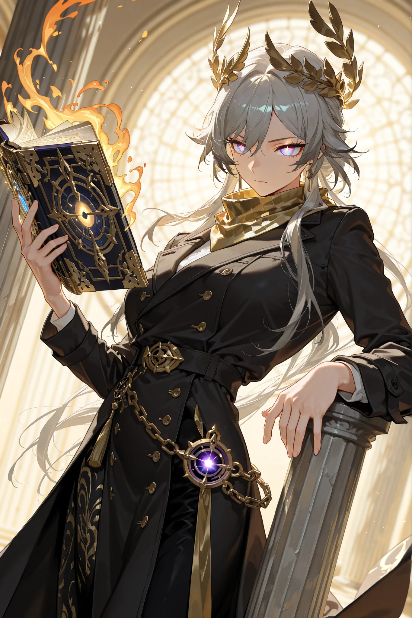 style of [arknights|(748cmstyle:0.88)], god rays, vivid colours, light stream, colour splotches, cinematic shot, mature, young adult, masterpiece, best quality, amazing quality, very aesthetic, high resolution, ultra-detailed, absurdres, (hands:-0.35),
(1girl, mature woman, female:0.95), solo, alone,(dynamic pose upper body focus, dutch angle, three quarter view, close up, cowboy shot:1.2),(FuHua, Fol004, Fh_Tai, fu hua:0.33), tsurime, serious expression, using magical rifles, cosmic weapons, magical guns, liquid guns, (gray hair:0.55), cosmic eyes, multicolor eyes, (infused eyes, using a magic grimoire, leaning against a pillar:1.44), ornate trenchcoat, philosopher toga, golden bandana scarf, roman crown, ornate dress, , novuschroma79 style, glitch art photo
BREAK, depth of field, volumetric lighting
 