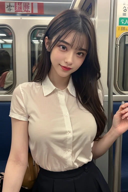 A packed train, an office lady on her way to work, ((full body)), ((photo)), ((best qualtiy, 8K, tmasterpiece:1.3)), Focus:1.2, perfect figure beautiful girl:1.4, 1girl, cowboy shot, look at viewer, incredibly absurd, beautiful and cute girl with a photorealistic face, showcasing top-quality craftsmanship, A Japanese woman looking cramped on a crowded train, 20 years old, long dark brown hair that falls to her shoulders, long shiny hair, with bangs, side parted hairstyle, brown eyes, round face, small nose, cherry red lips, bright smile, white teeth, smooth skin, healthy complexion, small ears, natural eyebrows, long eyelashes, slim, well-balanced proportions, moderate muscle, slim waist, round hips, supple limbs, short nails, beautiful C cup breasts, white blouse, black tight skirt, heeled pumps, silver necklace and bracelet, black belt, pretty older woman, beautiful, neat, soothing, cute voice, polite, kind-hearted, responsible, positive, optimistic, sociable, good communication skills, April