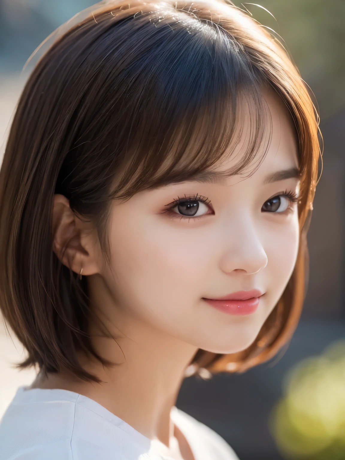 (masterpiece), highly realistic, beautiful atmosphere, intricate textures, super-resolution, hyper-realistic, high contrast, (left side of the face:1.2), Portrait of a cute girl, looking at viewer, small Face, (Glowing Eyes), Glossy lips, rouge lip, make-up, blush cheek, smile, baby face, short hair, Brown eyes, beautiful girl, (perfect anatomy), 8k Resolution, wonder full, elegant, hyperrealism, approaching perfection, dynamic, highly detailed, ultra high definition, high quality boost, contrast boost shirt