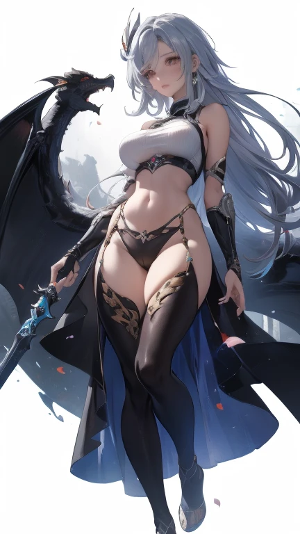 masterpiece, high quality, 4K, HDR,, A female knight wearing an armored dress BREAK Black halo above head, black horns on head, black dragon tail growing, large black wings on back BREAK Silver hair in an updo hairstyle with blunt bangs, long hair, disgruntled expression, crimson eyes, narrowed eyes, sharp teeth, slightly pointed ears, slightly open mouth BREAK Athletic, toned body, medium breasts BREAK Standing in a dramatic pose against a dark, ominous background