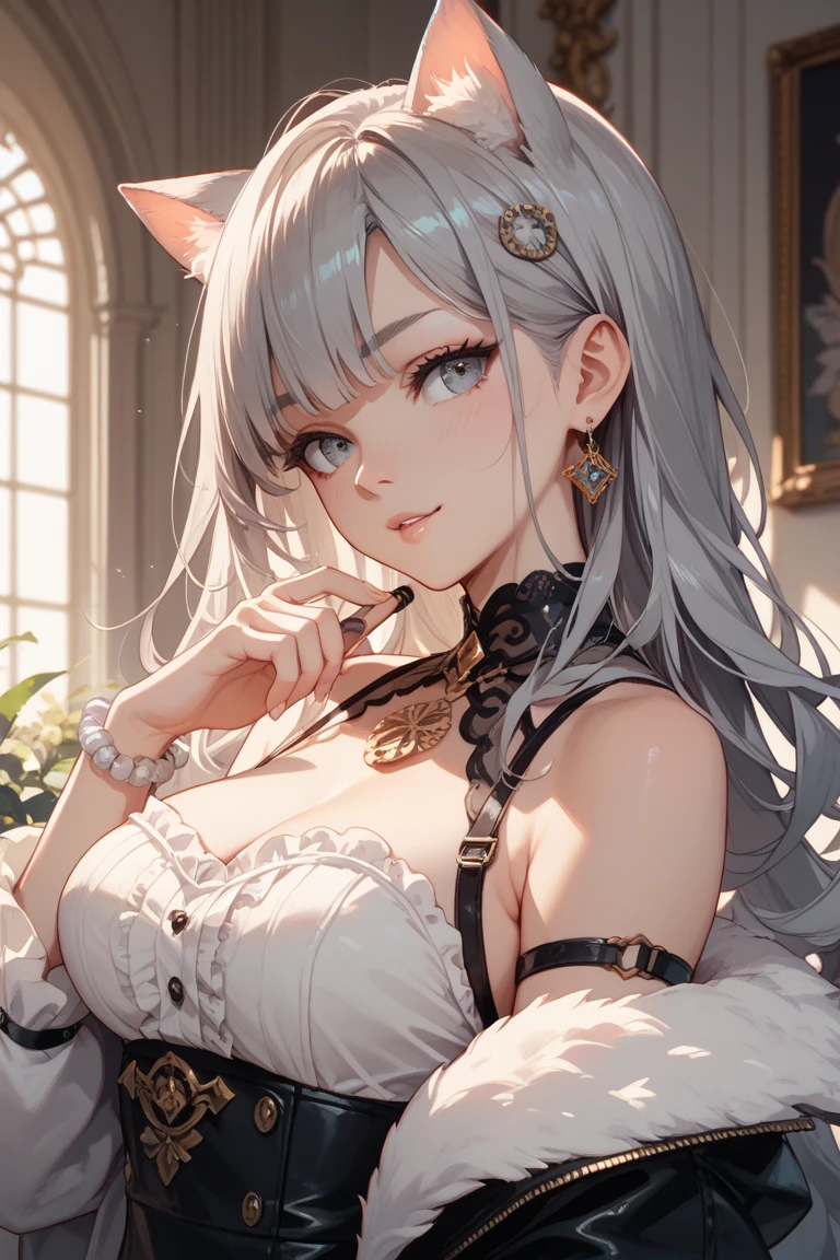 alta calidad, Obra maestra, Ultra detallado, maid, 1girl, solamente, peaceful expression, Cabello largo y blanco, Encantadores ojos azules con rojo, Orejas de neko, ridiculously large breasts, mostrando tetas desnudas, pechos expuestos,pechos desnudos, piel brillante, dormitorio,pechos enormes.