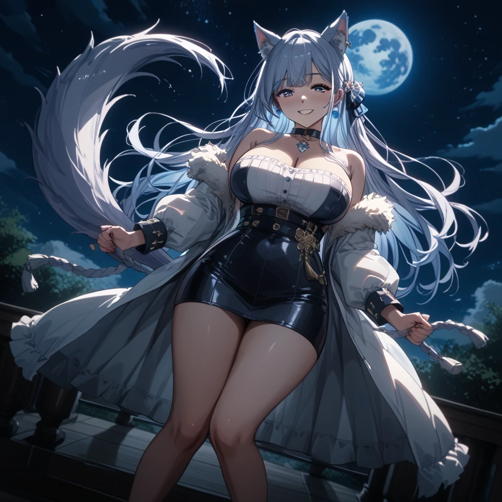 best quality, expressive eyes, perfect face, silver opal lightning storm, post apocalyptic city, holding magic globe, thicc huge busty wolf girl, wallpaper art, very detailed eyes, anime style, full body art