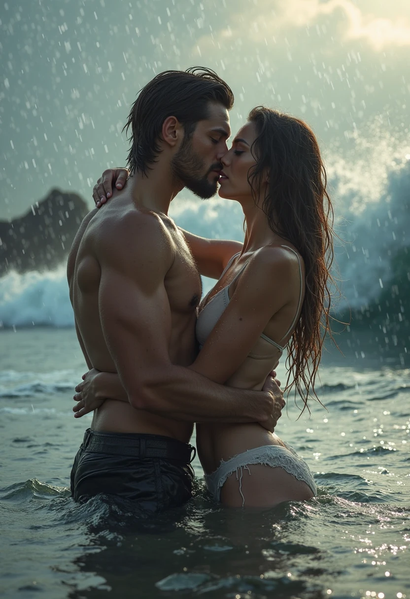 blonde russian tiny girl big lips red lipstick micro bikini with erotic muscular father rain soaked body Strom blonde kiss