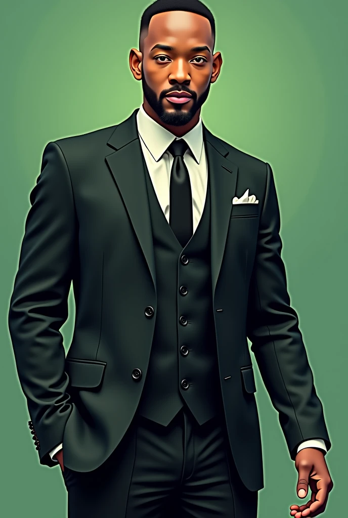 Black man with white dress shirt, black blazer, green tie and gray pants