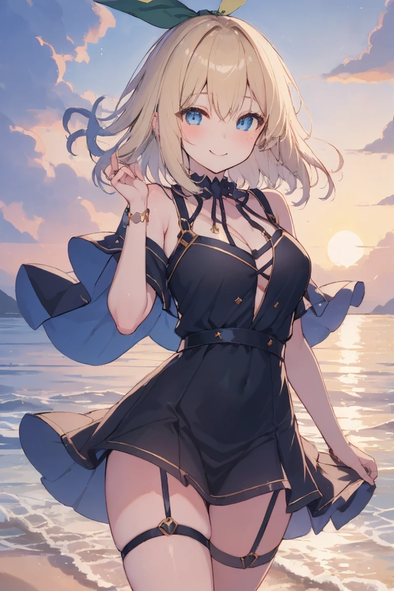 une jeune femme élégante, grande et élancée, se promène gracieusement sur la plage au crépuscule, vêtue d'un maillot de bain, tandis que le soleil se couche, peignant le ciel de teintes chaudes et apaisantes. centrémagicien noir, Fille magicienne noire, cheveux blond, foulard, (yeux verts:1.5), Cheveux longs,
CASSER bare shoulders, chaussures bleues, rougir, rougir stickers, clivage, clavicule, Duel Monster, a, hors épaule, pentacle, wizard a, (vêtements bleus:1.5),
CASSER looking at viewer,
CASSER outdoors, ville,
CASSER (chef-d&#39;œuvre:1.2), meilleure qualité, haute résolution, unité 8k fond d&#39;écran, (illustration:0.8), (beaux yeux détaillés:1.6), visage extrêmement détaillé, Éclairage parfait, CG extrêmement détaillé, (des mains parfaites, Anatomie parfaite),