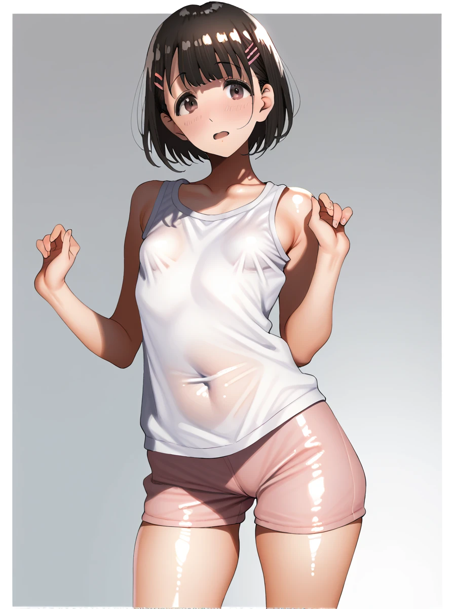 NSFW、Highest quality、Mikoto、Sexy pose、Soaking wet、Ecstasy face、((Tabletop)), (1 Girl:2.0), (Highly detailed face, smile), short hair, Brown Hair , (Thin figure), (Japanese girl), ((Track and field club member, Long-distance runner、White T-shirt)),  (Tan brown face:1.6), cute, Big eyes、Nipples、pussy、(((Love juice)))、(((Masturbation)))、(((Sweat)))、(((Sweat臭い)))、(((Sweat染み)))