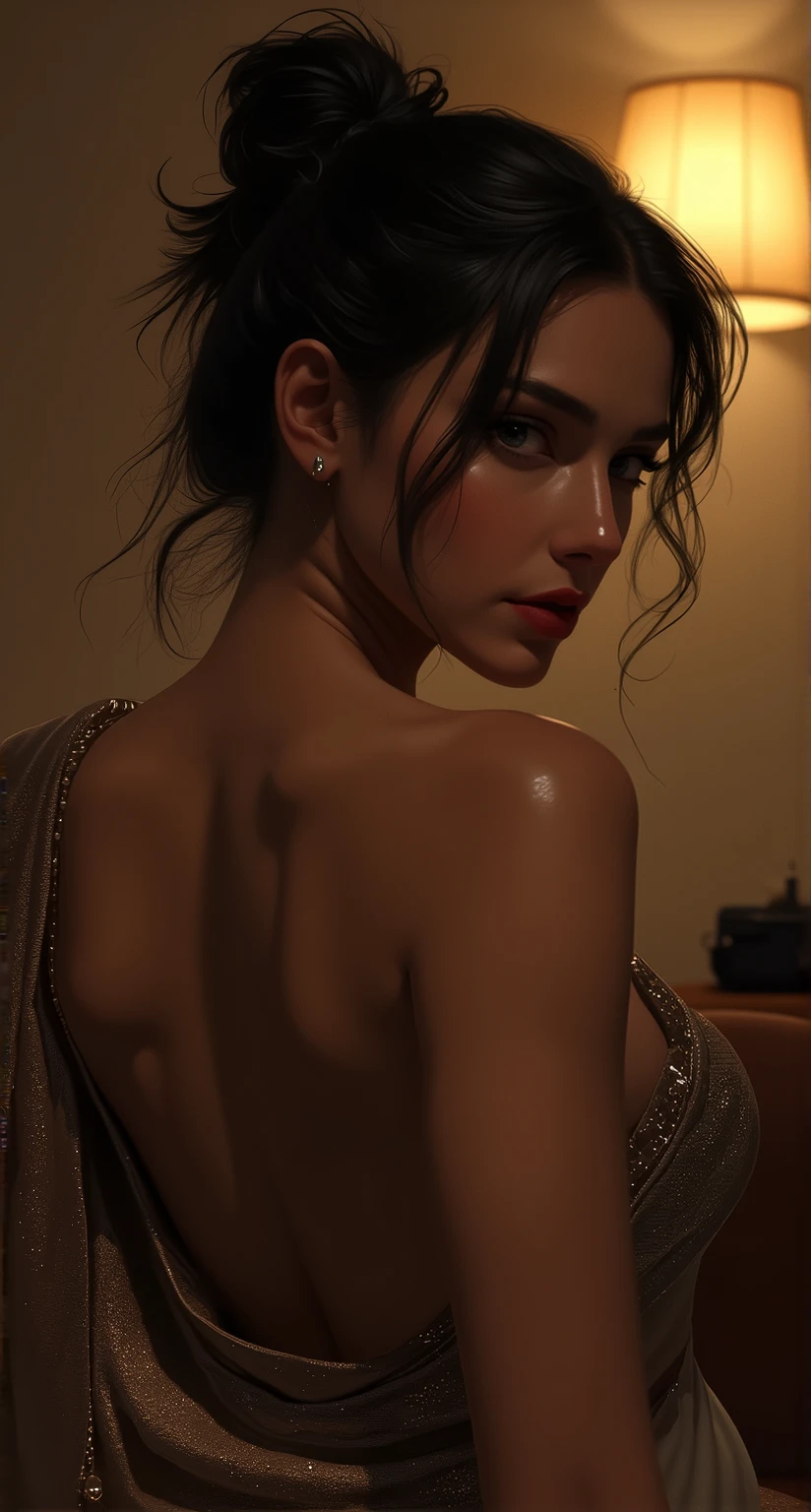 Sexy woman who is wearing a backless blouse and a saree and hair tied in a bun, tiny room, dark room, one lamp, sweaty, pleasure