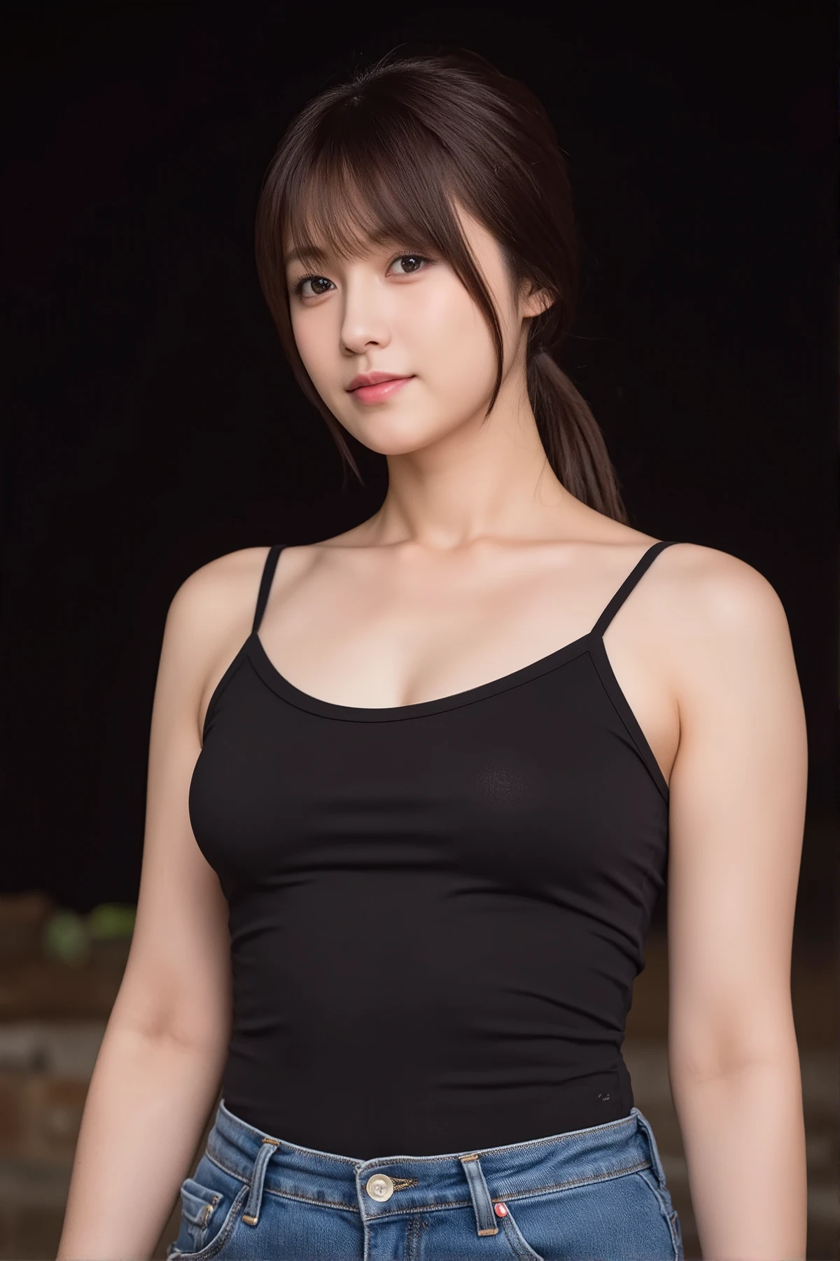 (mature adult woman wearing a leotard1By people),beautiful black hair,super straight hair,With bangs,((Fluttering Hair)), realistic person images in dark waters,Realism,Best Quality,mastepeice,Best Quality,best image quality,highest resolution,fine details,Beautiful detailed face,black eyes,((realistic skin)),detailed background,( Exact Upper Body),(perfect upper body),(((upper body))),((Realismのある肌)),(smiles),(((super big ))),(((((Wear jeans))))),(((((wear a tank top))))),((( standing))),(((((Large breasts)))),((((Wear)))),((((In a dark alley)))),