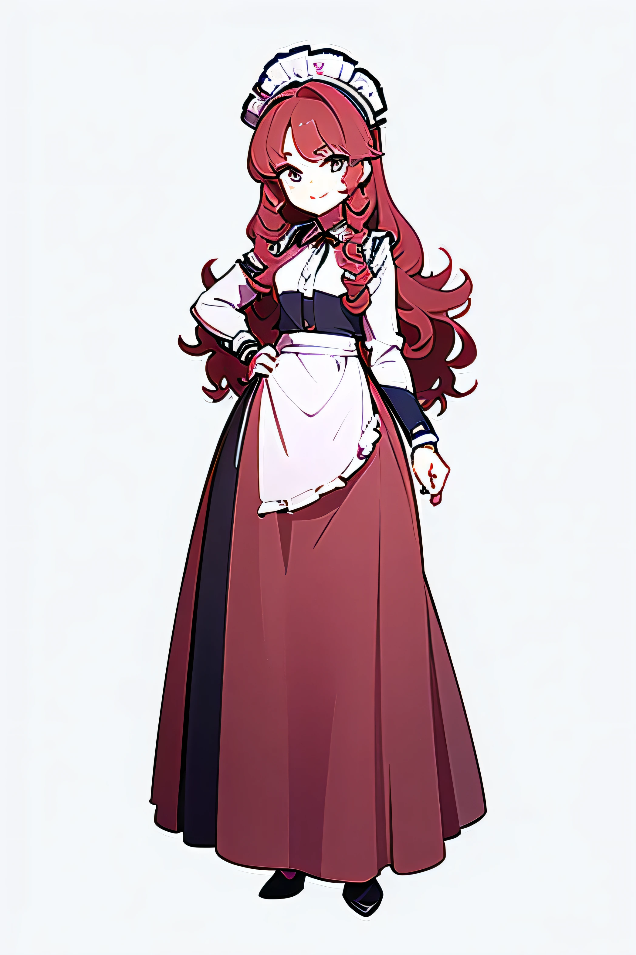 (最high quality, table top: 1.2), (anime style that is close to the face and chest, comic core: 1.1), 1 girl, Cute Style , adorable by design, fine eyes, Detailed face, thin, About Hips, 8k, all red , object, masterpiece, high quality, 1 girl, ((((((full body)))))), standing, pink long hair, Curly Hair, Highly detailed faces, smile, simple background, wallpaper, ((((Long Skirt)))), apron, Long Skirt, Maid Costumes, (((apron)))