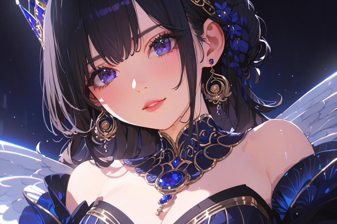 Adult woman, dark short unruly blue hair, pale blue eyes, rich Chinese white open clothes with gold jewelry, playful smile