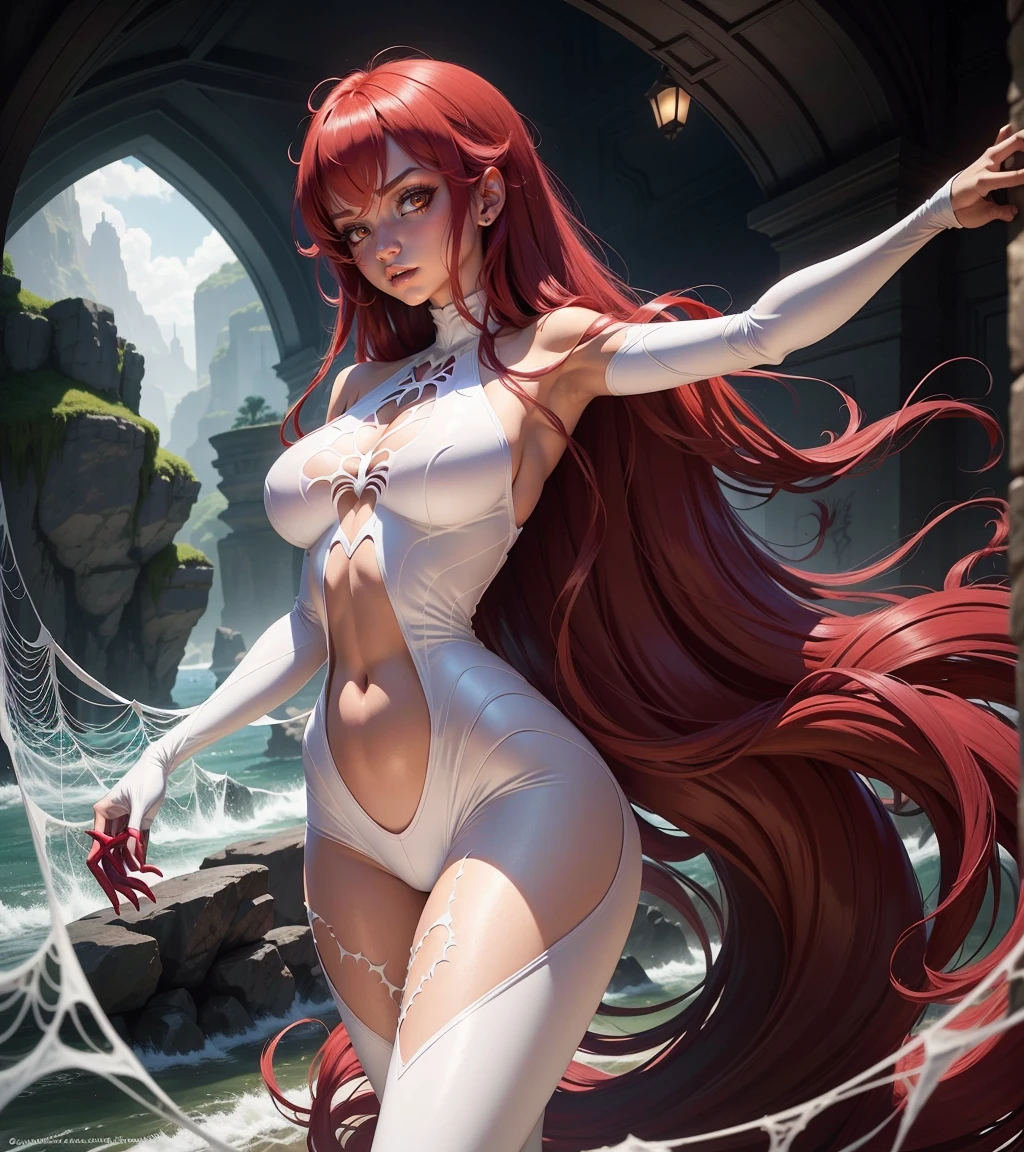 A WOMAN IN BLACK ARMOR, long redhead hair, RED HAIR, LOW-CUT BODYSUIT, breasts big, MEDIEVAL LOW-CUT ARMOR, WHITE THREAD PANTIES, STRIP BODYSUIT, WHITE THREADS SWIMSUIT, strappy swimsuit, extravagant neckline, SEMI-NAKED ARMOR, in a forest, HOLDING A LARGE PURPLE CAPE.
