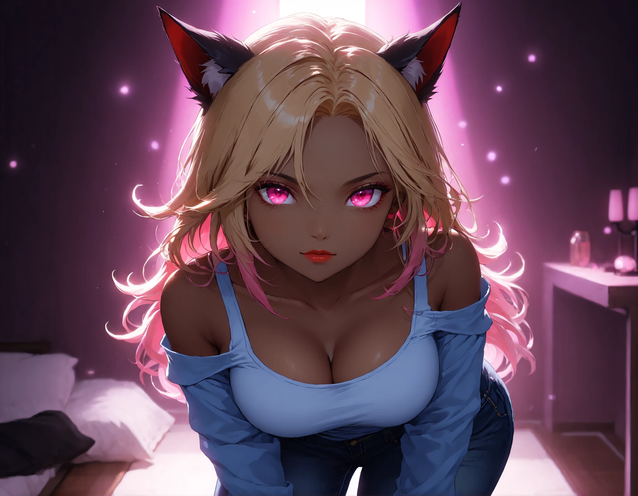 atercolor, score_9, score_8_up, score_7_up, (Volumetric_lighting: 1.7), (masterpiece), (lora: Vampire Hunter D Bloodlust Style [Pony XL]), (lora: NoobAI-XL Detailer), (lora: smooth lighting enhancer) (lora: Detailed Background), (lora: NKxXmo's Shaded Face), (lora: SDXL high detailed. LoRA_SDXL_ARW_0010: 0.75), (lora: Waifu Eyes), detailed_face, 1woman, solo, solo_focus, 1girl, breasts, animal_ears, solo, cleavage, looking_at_viewer, denim, tail, pants, multicolored_hair, large_breasts, pink_eyes, dark_skin, blonde_hair, dark-skinned_female, pink_hair, jeans, collarbone, tank_top, gradient_hair, long_hair, bare_shoulders, thigh_gap, nail_polish, cowboy_shot, lips, facial_mark, closed_mouth, avatar_(ff14), two-tone_hair, animal_ear_fluff, standing, bare_arms, parted_bangs, indoors, simple_background, (masterpiece:1.2), (best quality:1.2), 8k, realistic, high_quality, detail_focused, foreshortening, blurry_background, (Diminishing scale perspective:1.3), ((forced_perspective))