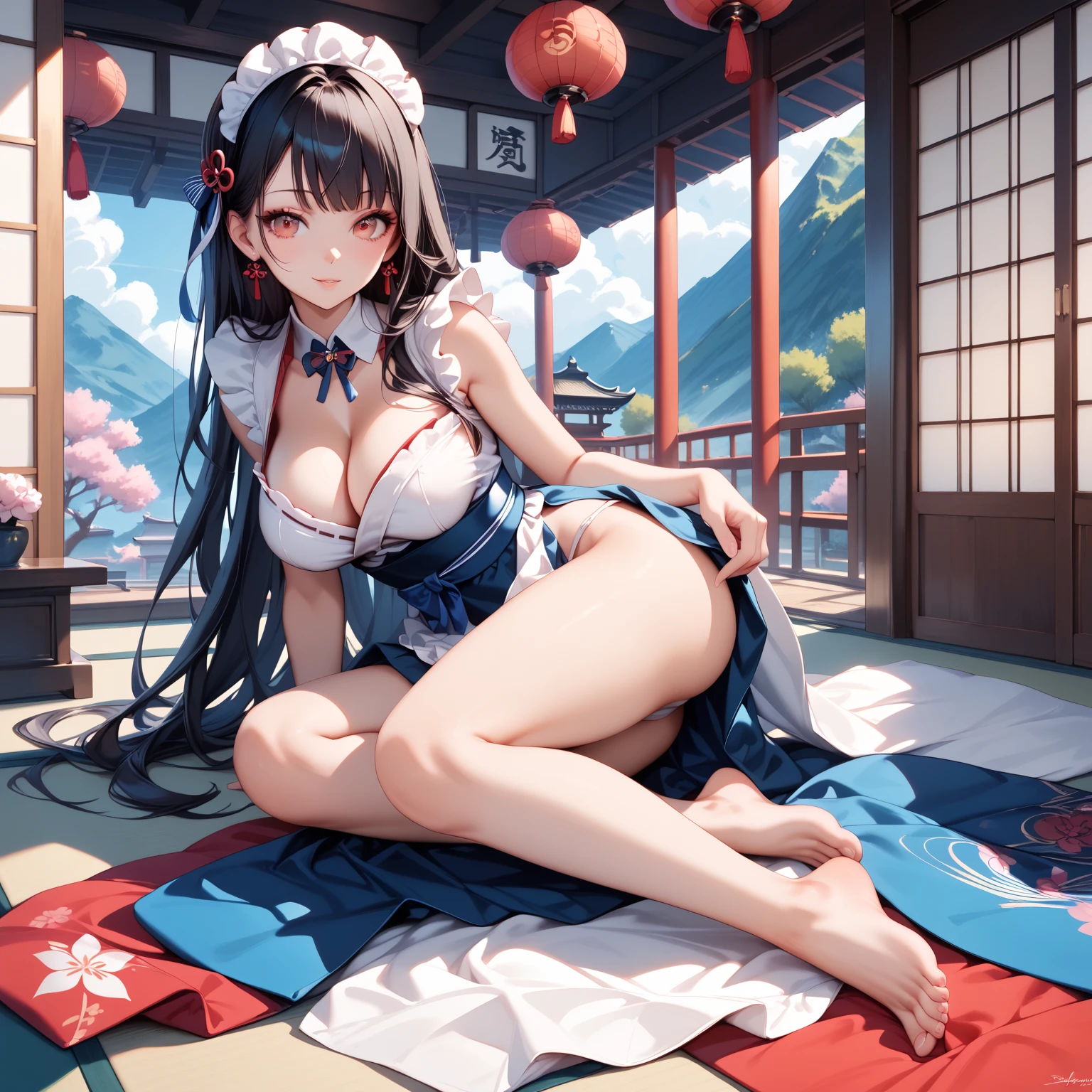 top quality，best resolution，(Soaked的白色长旗袍），super detailed, White double ponytail hair，20 years old young girl，Gorgeous的雕纹，Design intricate clothes，blue eyes，she has earrings, wealth，Gorgeous， imagine，Elegant and charming，Slightly curvy figure，((White transparent white garter stockings)),((Soaked，Adjacent to ancient Chinese hot springs，Foggy weather，Fantasy magic))，night，Glamorous pose，Repair legs