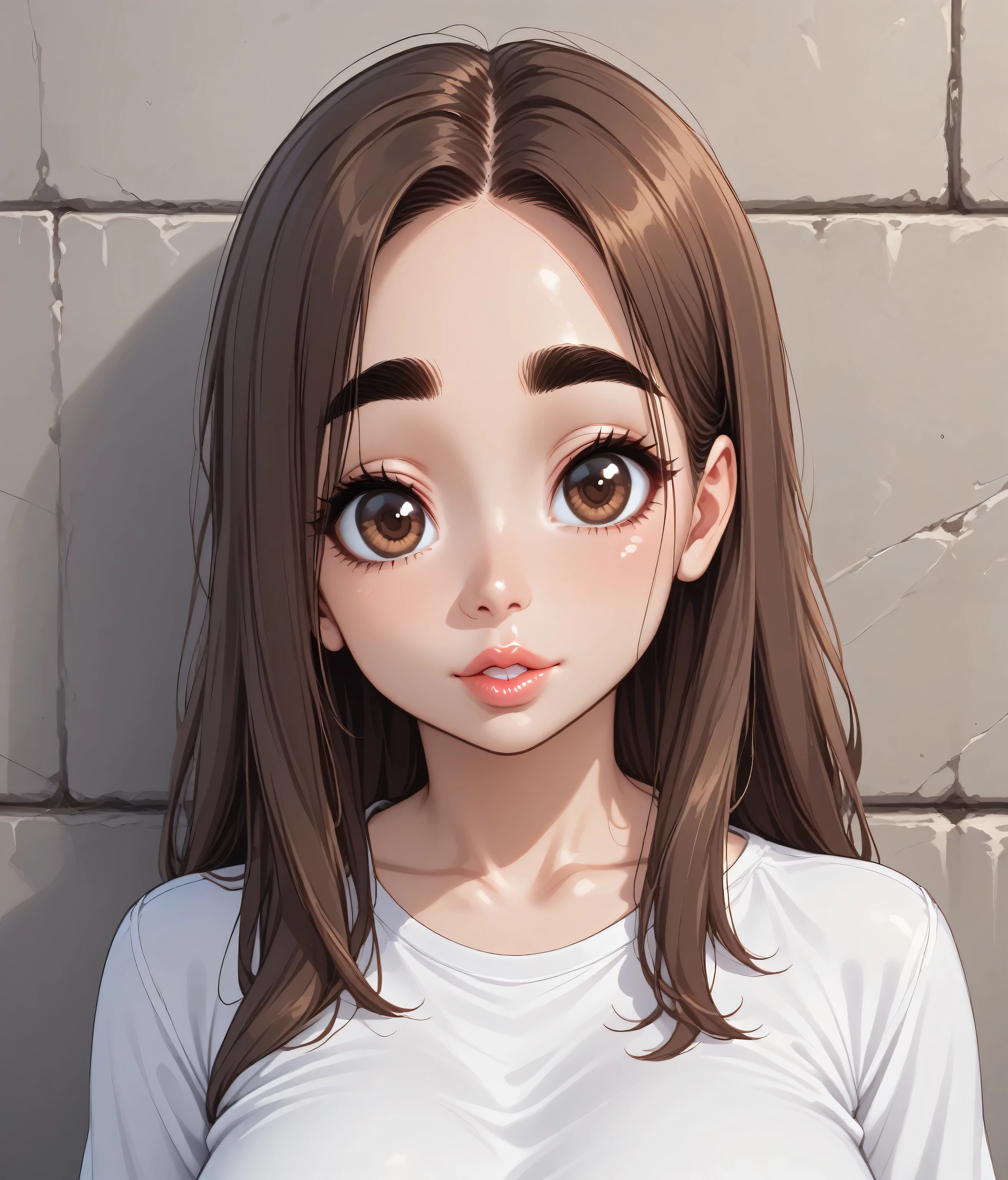perfect face, top kont hair, brown hair, black eyebrows, thick eyebrows, big eyes, brown eyes, heavy lower lips, beautiful girl, v-neck shirt, white shirt, white old wall