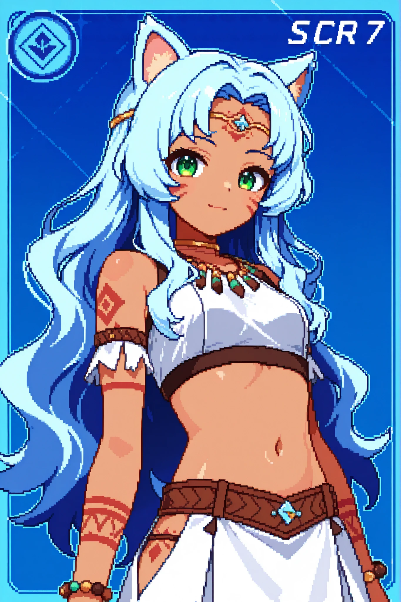 score_9, score_8_up, score_7_up, source_anime, 1girl, solo, pixel art, playingcard, elite rank icon, E, trading card, card_(medium), RPG stats, kemonomimi, hedgehog girl BREAK 

Light blue hair, sidelocks, green eyes, small breasts, animal ears, very long hair, wavy hair, hedgehog ears, tanned skin, forehead BREAK 

Tribal clothes, whisker markings, jewelry, circlet, bracelet, white_crop_top, navel, white skirt BREAK 

Looking at viewer, looking at viewer, light smile, closed mouth, upper body, portrait, blue background 