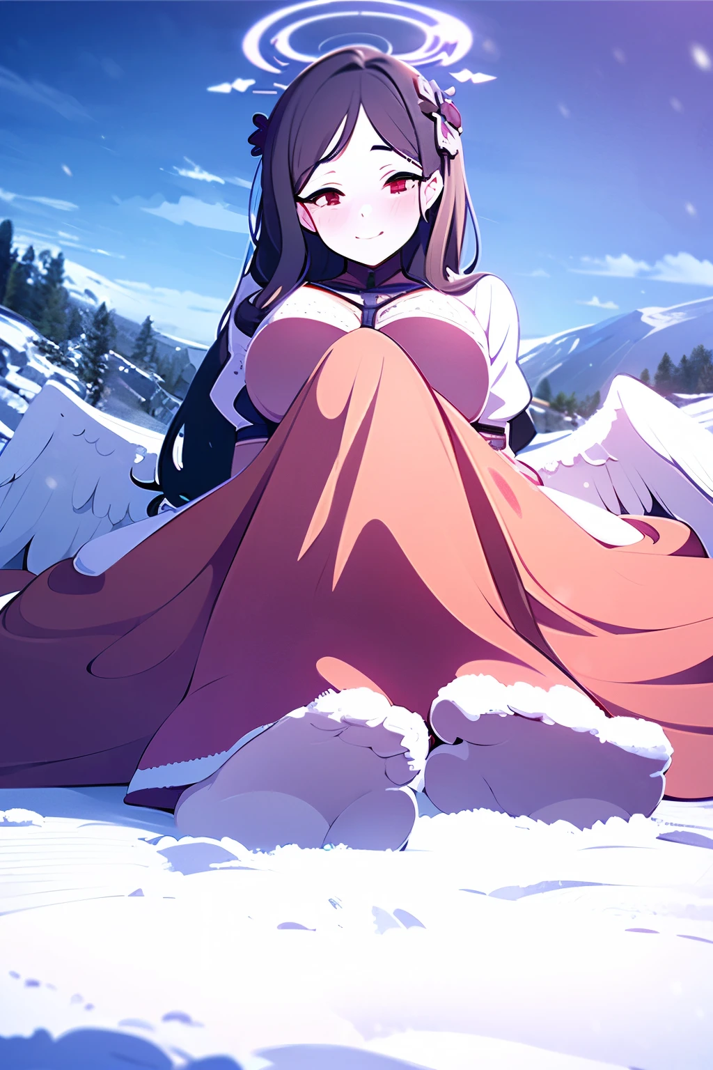 mastepeice,best quality,8K),(highly detailed CG1.1), age Girls ,A shy smile,Big ,(From below:1.2), elaborate details , Hyperrealistic, perfect anatomy,black hair,Red Eyes,((( odekodashi))),Wavy hair with perm applied,(((long hair))), breaks hair ,Smooth hair,full body lying down,(((angel costume))), blush, Happy Smile ,((( in the snowy mountains))),Lens Flare,The wind,Magnificent view,( Color Difference:1.3),Movement angle,cowboy shot,looking at a viewer,It's snowing,standing