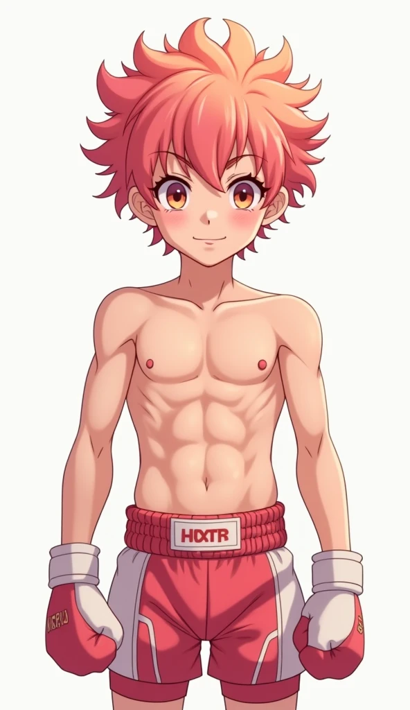 Japanese men、15 years old、Well-developed muscles and smooth skin、Spiky, slightly long red hair、Boxer briefs、A fearless, toothy grin、Masculine pose、You can see the whole body from head to toe、Hero Academy
