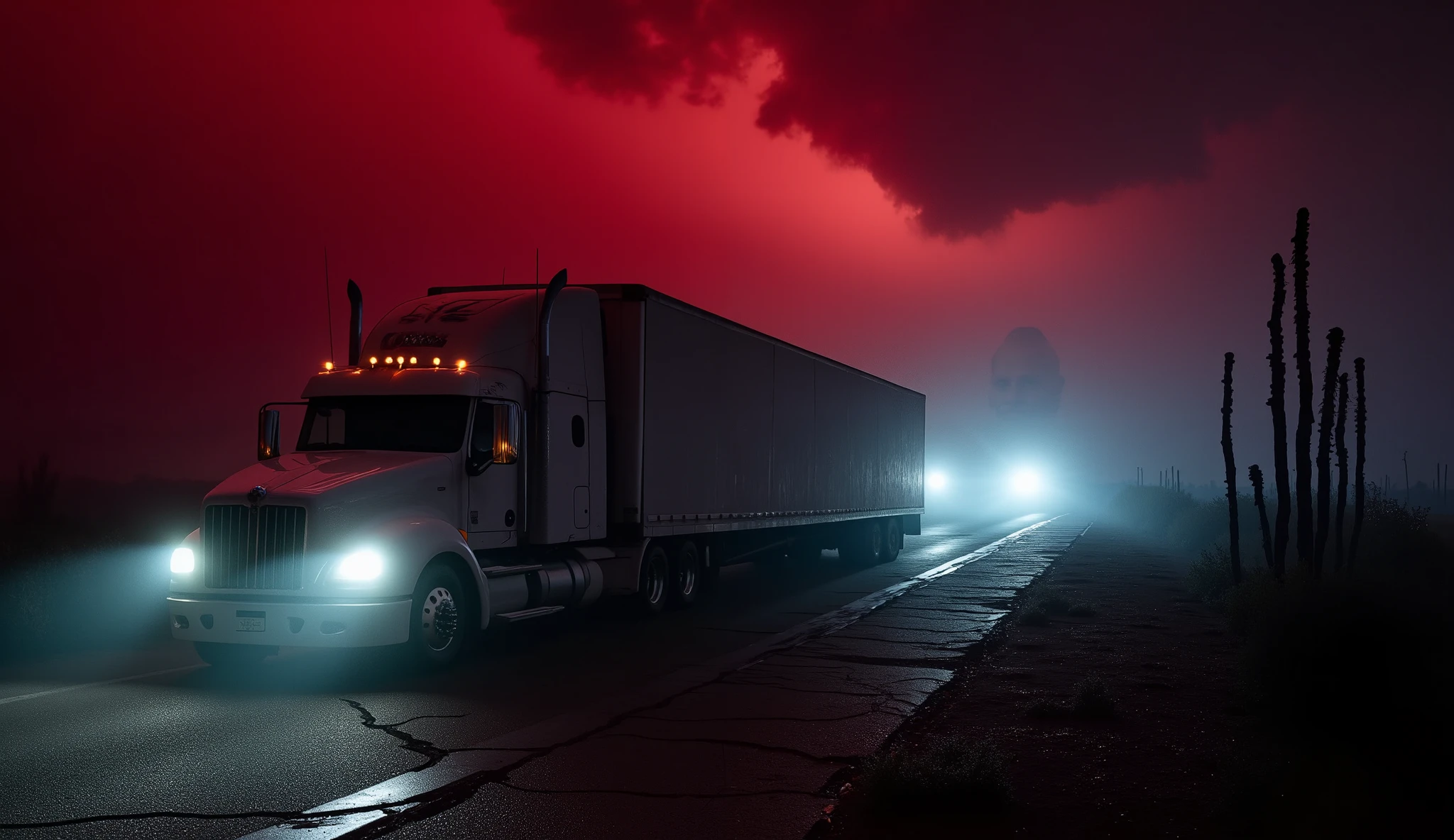 A massive semi-truck with its headlights cutting through thick desert fog sits on an abandoned Arizona highway at night. The cracked asphalt stretches into the darkness, surrounded by eerie, twisted cacti and dead trees. In the truck's side mirror, a horrifying figure looms—its face an exact copy of the driver, but with hollow, glowing white eyes and a twisted, unnatural grin. Shadows stretch unnaturally behind it, forming claw-like hands reaching toward the truck. The sky above is a deep blood-red with swirling storm clouds, and faint, ghostly figures stand in the distance, barely visible through the mist. The entire scene is drenched in cinematic lighting, hyperrealistic textures, and ultra-HD detail, with a chilling, suspenseful atmosphere. The headlights reflect off the cracked road, giving an eerie glow to the scene. The image has a high contrast of warm truck lights against the cold, desolate environment, creating an unsettling tension.