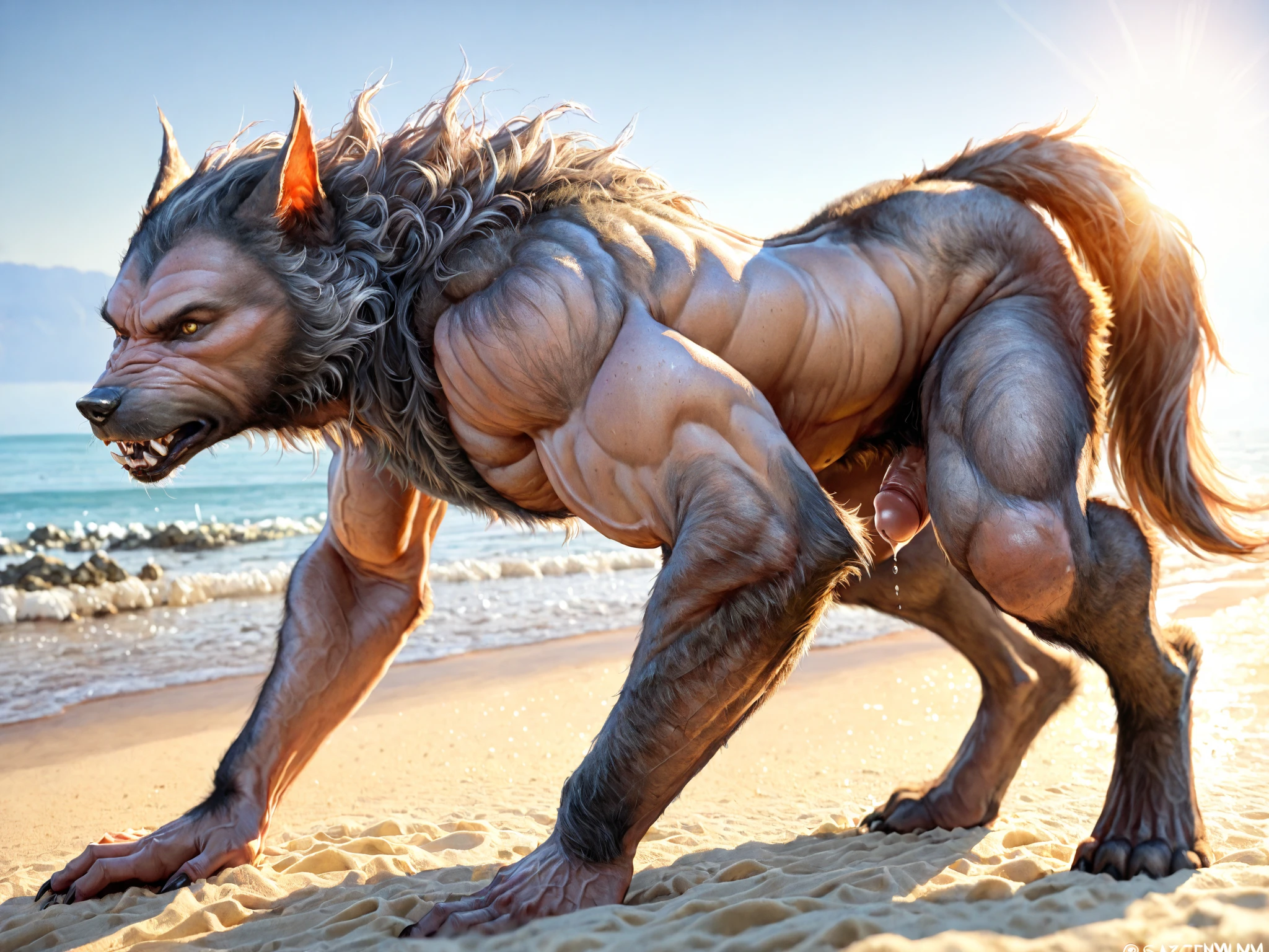 Eastern Dragon, Male, Solo, Horn, Eastern Dragon Tail on Front, Middle-aged, Front View, Speedo, Bulge, Correct Hands Anatomy, Correct Fingers, Correct Anatomy, Hands on side, Looking Viewer Confused, Tail on side, Beach background, Furless, Hairless, Scales, Muscle: 3, Muscular Body, (Photorealistic, Realistic shadows, depth of field, Wide Dynamic Field, Dark Shadows, HDR, Low Light: 1.2, Low angle Full Body Shot),