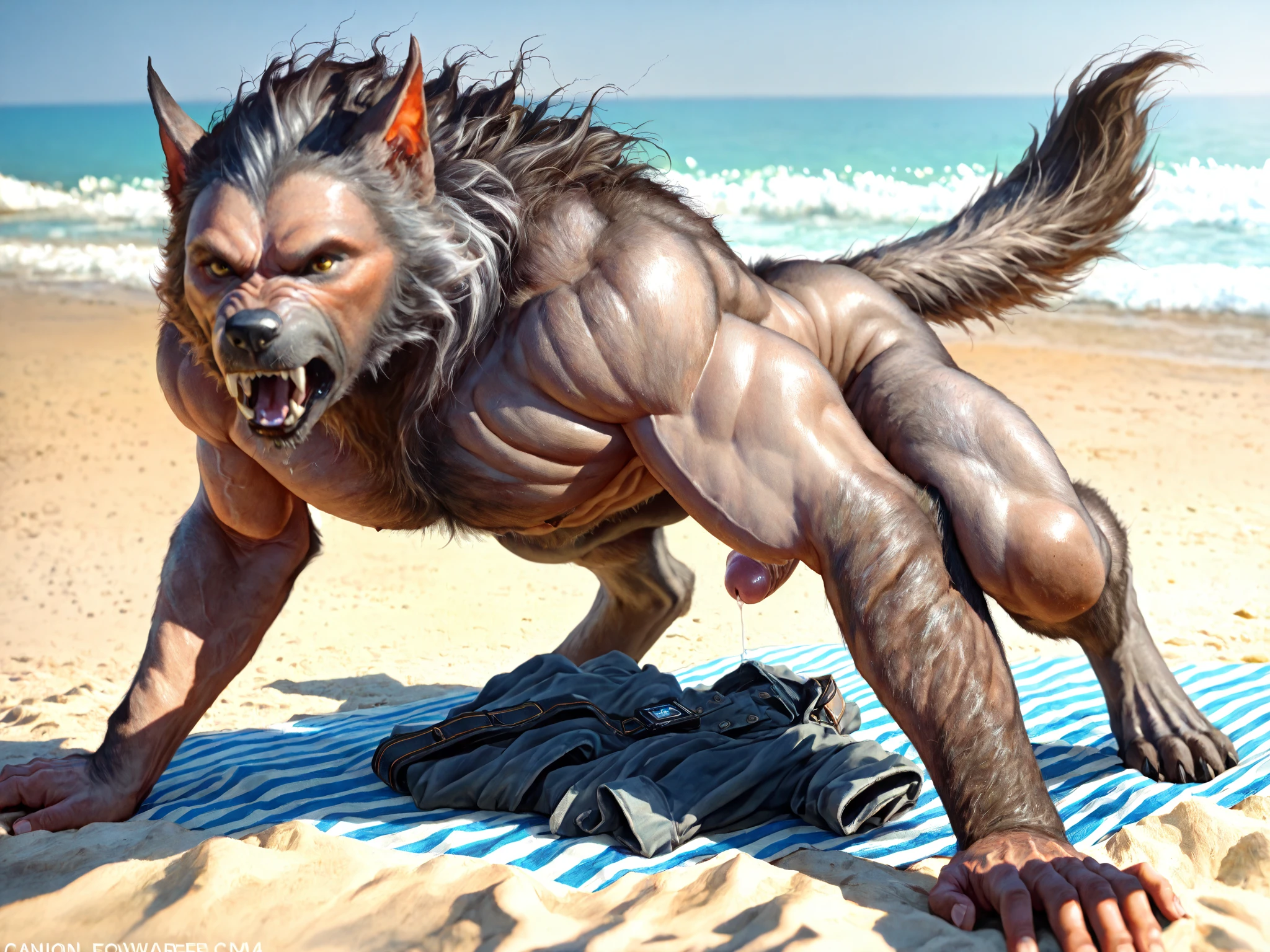 Full body portrait of a werewolf, orange fur, bitone, white chest fur, black beard, green eyes, realistic eyes, posted on e621, furry body, anthro body, anthro werewolf, claws on hands, werewolf, solo, male, adult, masculine face, adult male, (very muscular, buff:1.2), correct anatomy (muscular legs, wolf tail, werewolf paws, (photorealistic fur, detailed fur, epic, masterpiece:1.2), nude, big penis, has a boner, pre cum in penis, big testicles, hairy penis, hairy testicles, has a black chain collar, collar in his neck, in the beach, lying in sand, Lying in your back, Leaning on his forearm, sexy shadows, (by echin, by Taran Fiddler, by Juiceps, by Rukis), (detailed eyes:1.2), impressive physique, strong pose, smiling, seductive face, looking at camera, full body image, full body, Werewolf legs 
