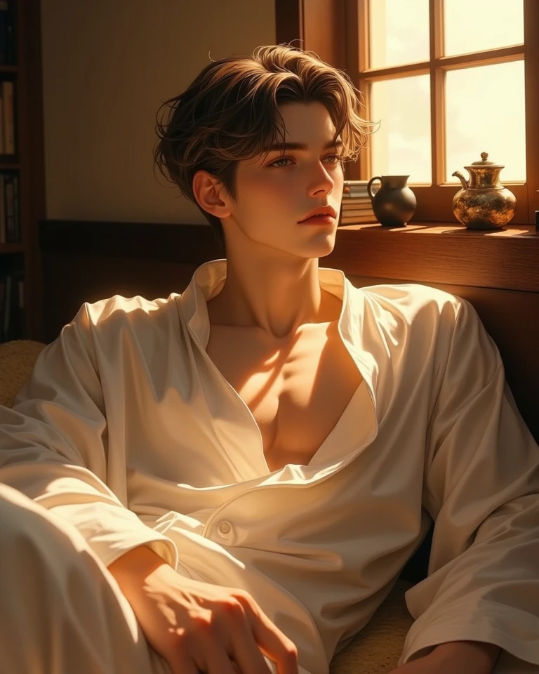 year: 2023. Location: Phoenix. Pre-Raphaelite scene with a 21-year-old Dominic Sherwood wearing a robe and shorts, in a hotel room, talking on the phone, hand on his head, ((((Clothing from the 2020s)))) ((Hairstyle of the 2020s)), pastel colors, (((cinematic style)))