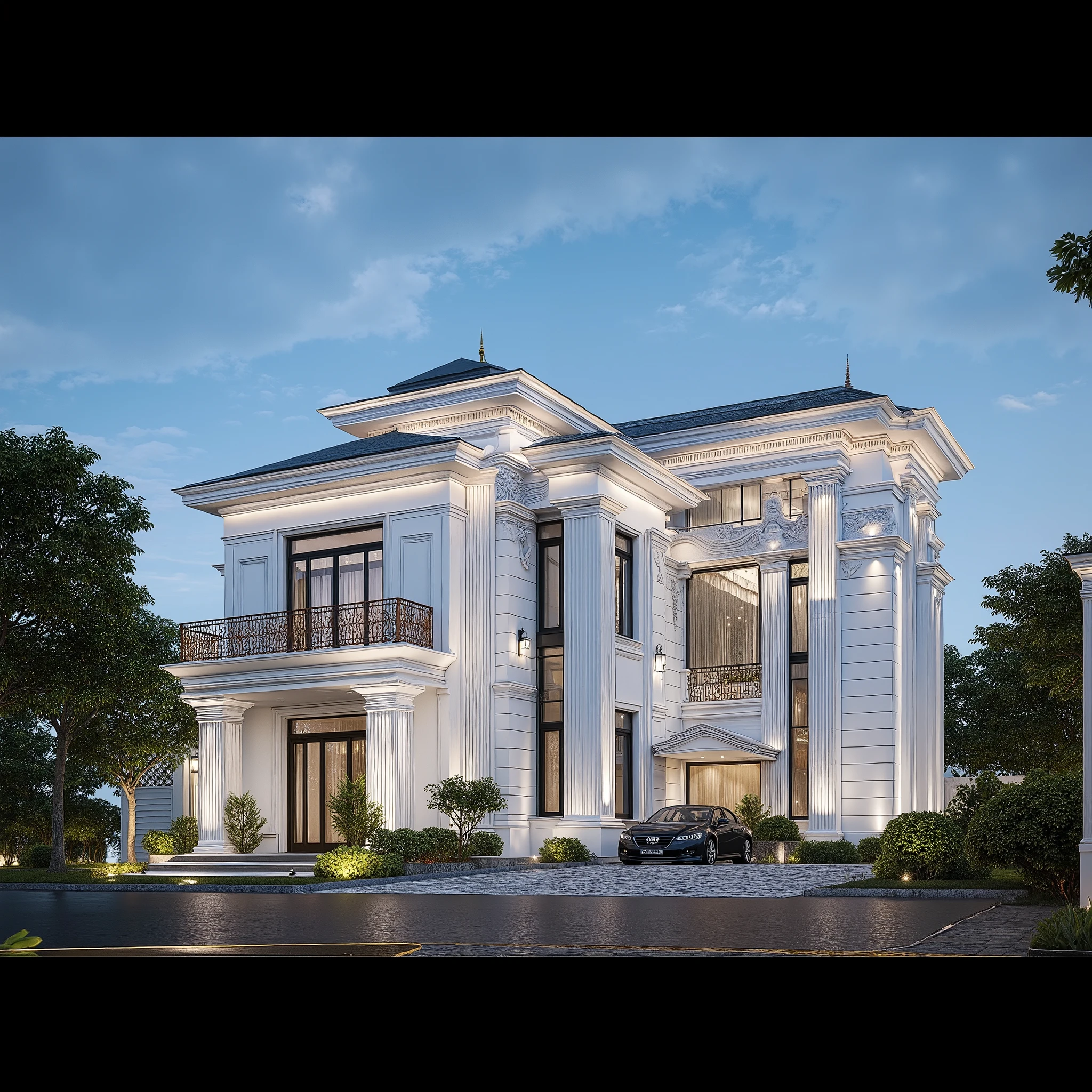 masterpiece , (photorealistic:1 . 2) , best quality , ultra high res , exterior , architechture , modern house , white wall , glass windows ,, trees , traffic road , design , trees around , blue sky , in the style of realistic hyper-detailed rendering , 32k uhd , Small Two stories Modern Neoclassicism villa , in the style of neoclassical scenes , white , (dark navy roof:1 . 2) , daylight , decorative art nouveau , les nabis , masterpiece , ultra realistic , 32k , extremely detailed CG unity 8k wallpaper , best quality