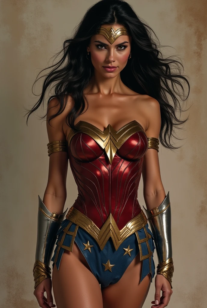 A beautiful woman with long black hair under the mantle of the Amazon warrior Wonder Woman in a navy blue leather suit that covers her entire body with tiny scales all over the suit Red Wonder Woman corset diaema in silver colored metal Silver colored metal bracelets Red boots fitted to the suit (((without cape)))