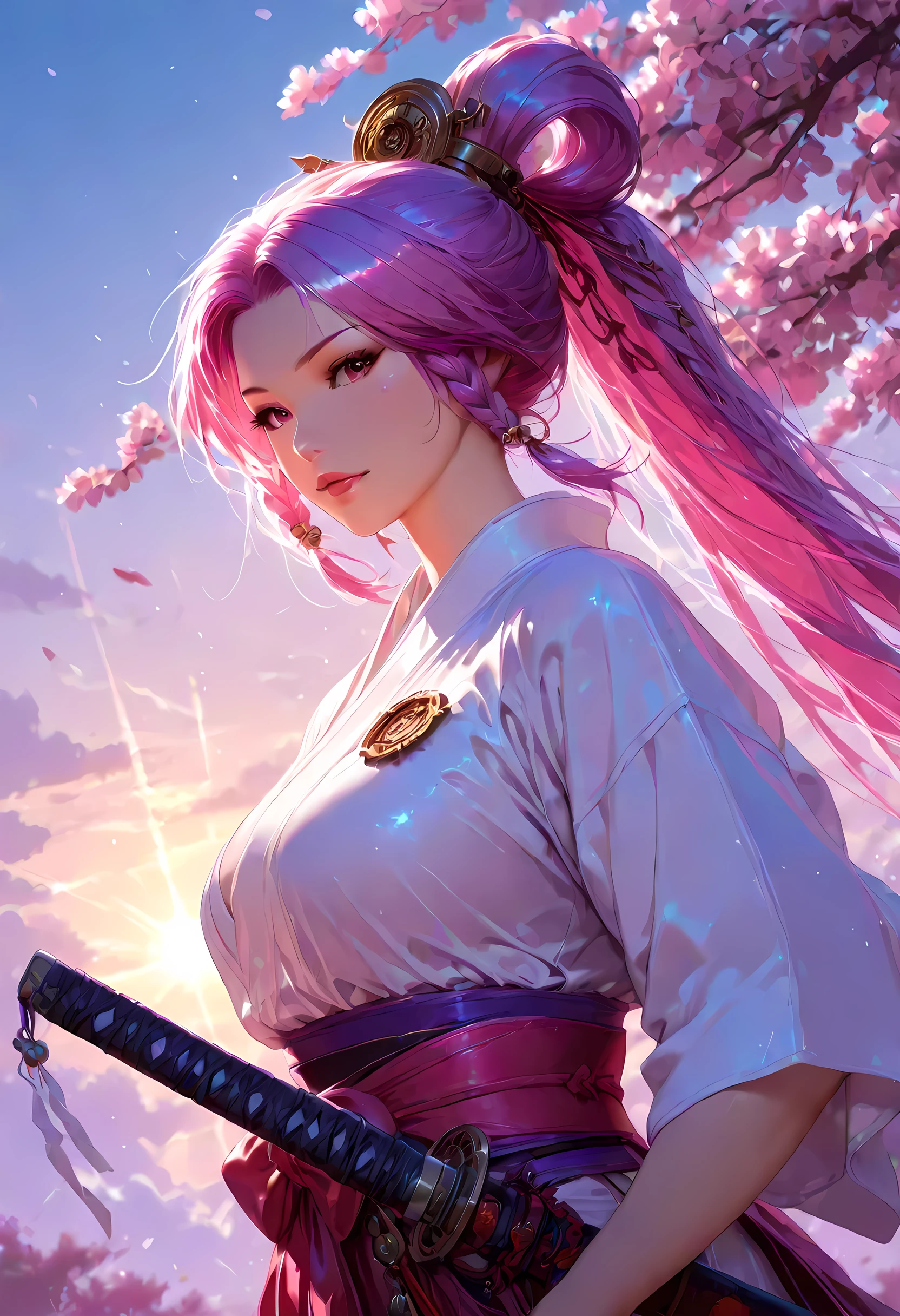 a woman samurai under the cherry tree at sunset, beautiful woman samurai, she holds an epic katana blade, the blade reflects light, ultra feminine, long hair, braided hair, dynamic hair color, an epic cherry tree, many branches, colorful, the sun rays come between the leaves and branches, light reflection, it is sunset, some clouds,  award winning, photorealism, depth of field, hyper realistic, Cinematic Shot, fantasyת Colorful
