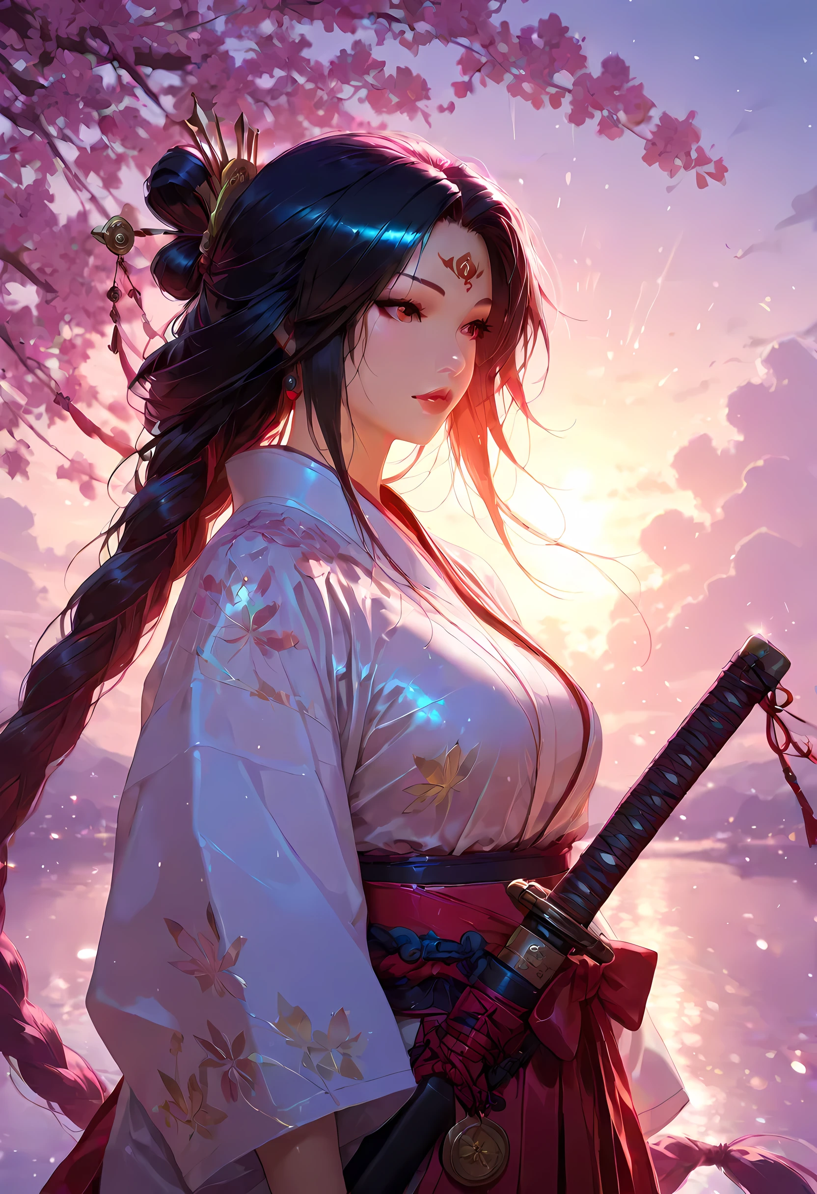 a woman samurai under the cherry tree at sunset, beautiful woman samurai, she holds an epic katana blade, the blade reflects light, ultra feminine, long hair, braided hair, dynamic hair color, an epic cherry tree, many branches, colorful, the sun rays come between the leaves and branches, light reflection, it is sunset, some clouds,  award winning, photorealism, depth of field, hyper realistic, Cinematic Shot, fantasyת Colorful
