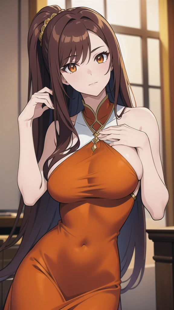 ayanedef, brown hair, brown eyes, long hair, Big Breasts,
looking at viewer, bow, sexy Red cheongsam slit, upper body, light smile, 
masterpiece, best quality,