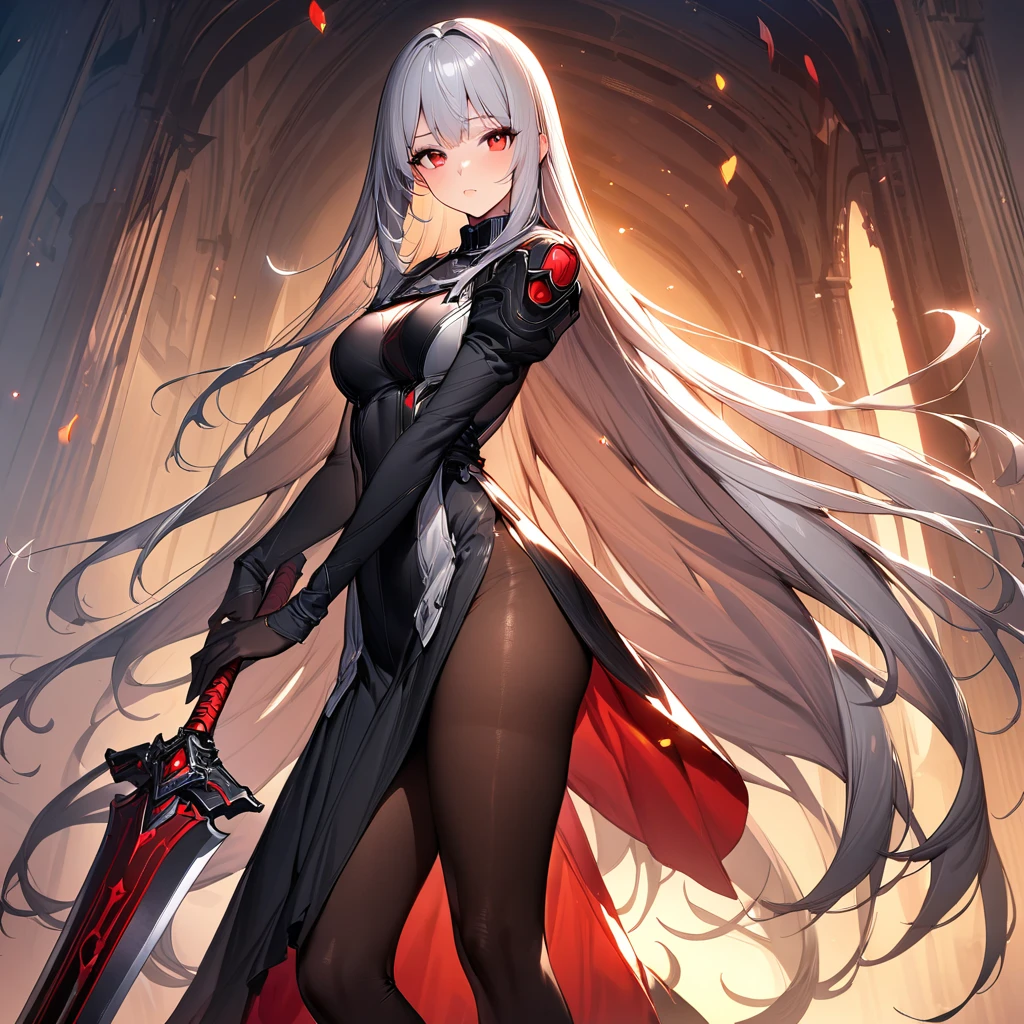 (((Masterpiece, best quality, 16k))) female character with long white hair and piercing red eyes. She wears a demonic armor in purple, black, and white. wields a large, stylized scythe. The character has a menacing expression, with a chaotic environment as the background. ((full body front view)). ((slender)), (extremely detailed:1.5), (long white hair:1.2), (piercing red eyes:1.2), (chaotic environment:1.1), (demonic armor:1.3), (stylized scythe:1.3).