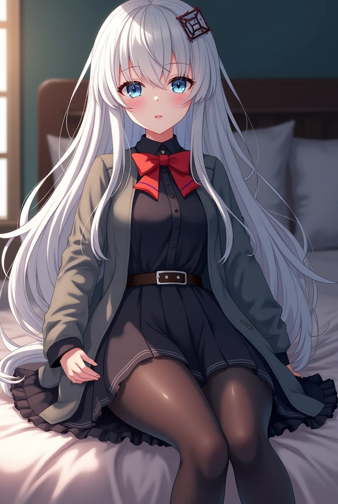 Wet, Loli, Solo, Dynamic Angle, Smile, Green eyes, Long hair, Silver hair, , Blunt bangs, (curves), Thighs, Beautiful and delicate girl, Extremely detailed eyes and face, Beautiful delicate eyes, Detailed light, Cinematic lighting, Lens flare, light  leaks, Sunlight, Shine, Beautiful detail light, ridiculous, Incredibly Ridiculous res, hugefilesize, Super detailed, Super detailed, Super detailed, high resolution, Very detailed, plaid skirts, twittering, , leather shoes, , necklace, Headband, Earrings , Best quality, Masterpiece, Illustrations, Extremely delicate beauty, Very detailed, CG, Solidarity, 8K wallpaper, Amazing, finedetail, Masterpiece, Best quality, offcial art, Extremely detailed Cg Unity 8K wallpaper, (Sailor shirt)), (Pantyhose), ((Sitting)), , Bed, Detailed clothes, Slim legs, Looking at the audience, Smile, Best quality, Masterpiece, 1 girl, sole, high resolution, Original, Extremely detailed 8k wallpaper, An extremely delicate beautiful girl，Beautiful and delicate eyes, ()