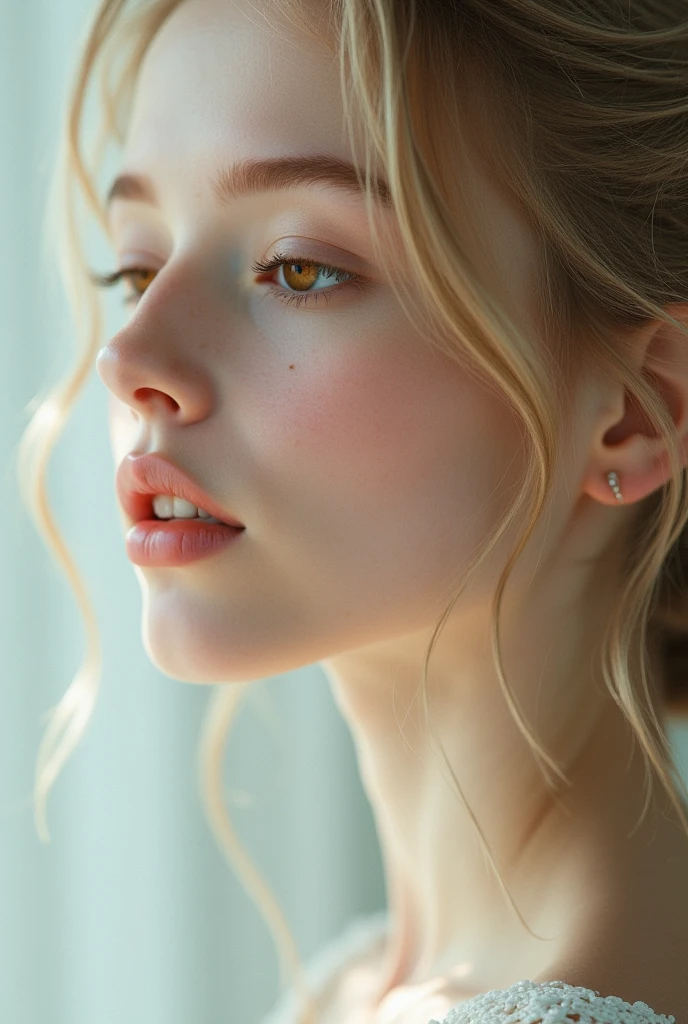 Beautiful art, anime art, 1Portrait, hight resolution, 1girll,Long white wavy hair,White translucent off-the-shoulder dress, open shoulders, bare shoulders, Girl in half a turn, Girl Smiling 1.5, White dresses,amber eyes,Upper torso,waist up portrait, Portrait Of Girl, white colored hair,hight resolution,8K, Sweet girl, ssmile