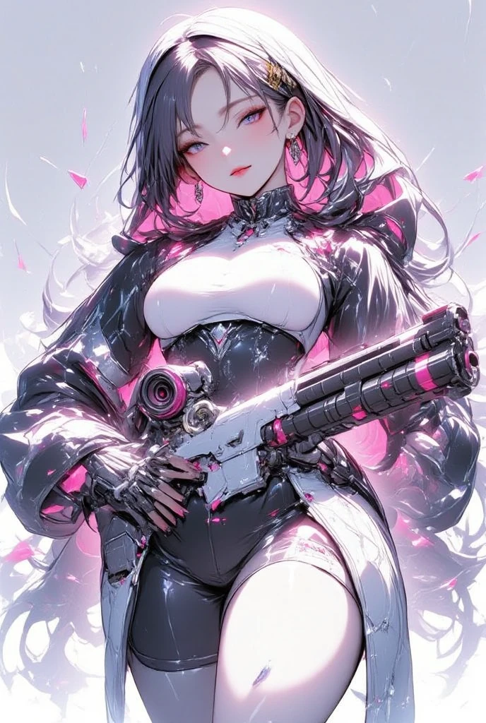 ((1 girl)), Dark circles in the eyes, Sloppy face, Cybertechware, ((Big Firearms)), Additional parts for large mechas, Cowboy Shot,((Very detailed,Highest quality, High resolution, fell, Sloppy, Lazy and slothful,Apathy, 8k wallpaper, Beautiful clothes,)),((Black Hair, Shortcuts,Messy Hair)), eye shadow, eyeliner,Glow Eye, Very detailedな目, Beautiful Eyes, ((Glowing pink eyes)), 18-year-old girl