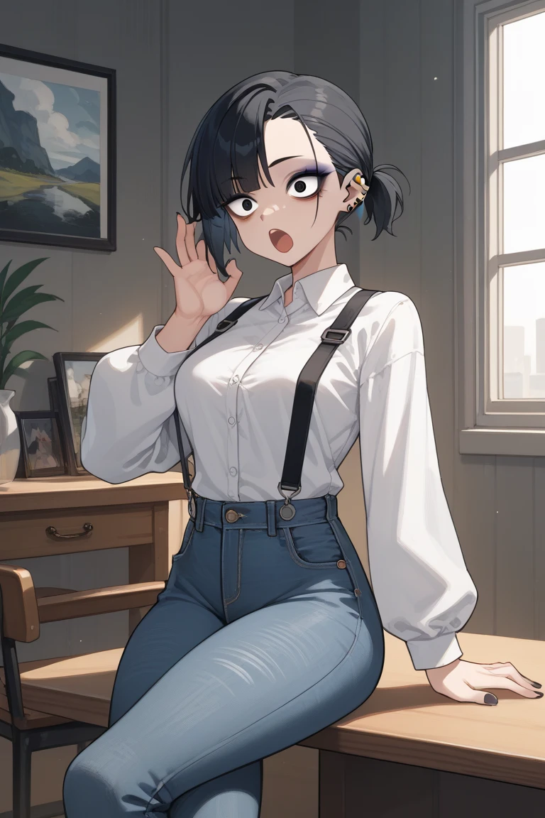 Super sexy Maria dressed (low cut、tight (Flare Jeans)), ((white crop top:1.5) exposed neck tank top), Short hair and black hair, lifelike, (high resolution), (make reality:1.4), (very complicated), (Exquisite details), Very detailed, high resolution, The original, Extremely detailed 8K wallpapers, best quality, Detailed face, Super detailed, The originalPhoto, make reality, (thigh gap:1.5),naked ,big breasts,exposed