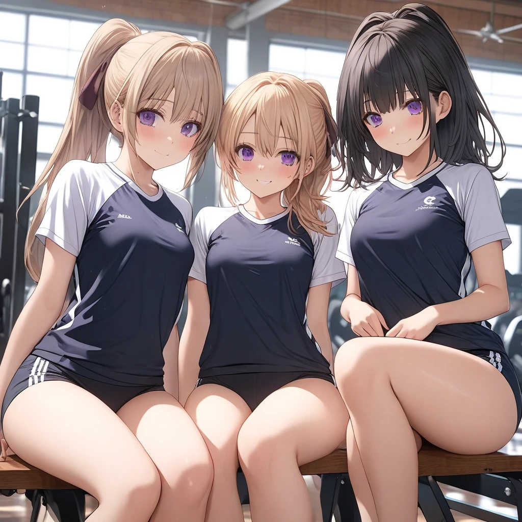 (cute eyes:1.2), (sparkling eyes:1.2), highest quality,wonderful,finely,extremely detailed CG Unity 8K wallpaper, (Stand in line:1.2), (3 girls, clothed), (gym uniform,red buruma, white shirt, short sleeves, thighs:1.3), (midriff peek:1.1), (midium breasts), (open mouth:1.1), (long tongue:1.1), (mouth drool:1.1), (black stockings:1.1),(Thighs:1.2),(Waistline:1.2)