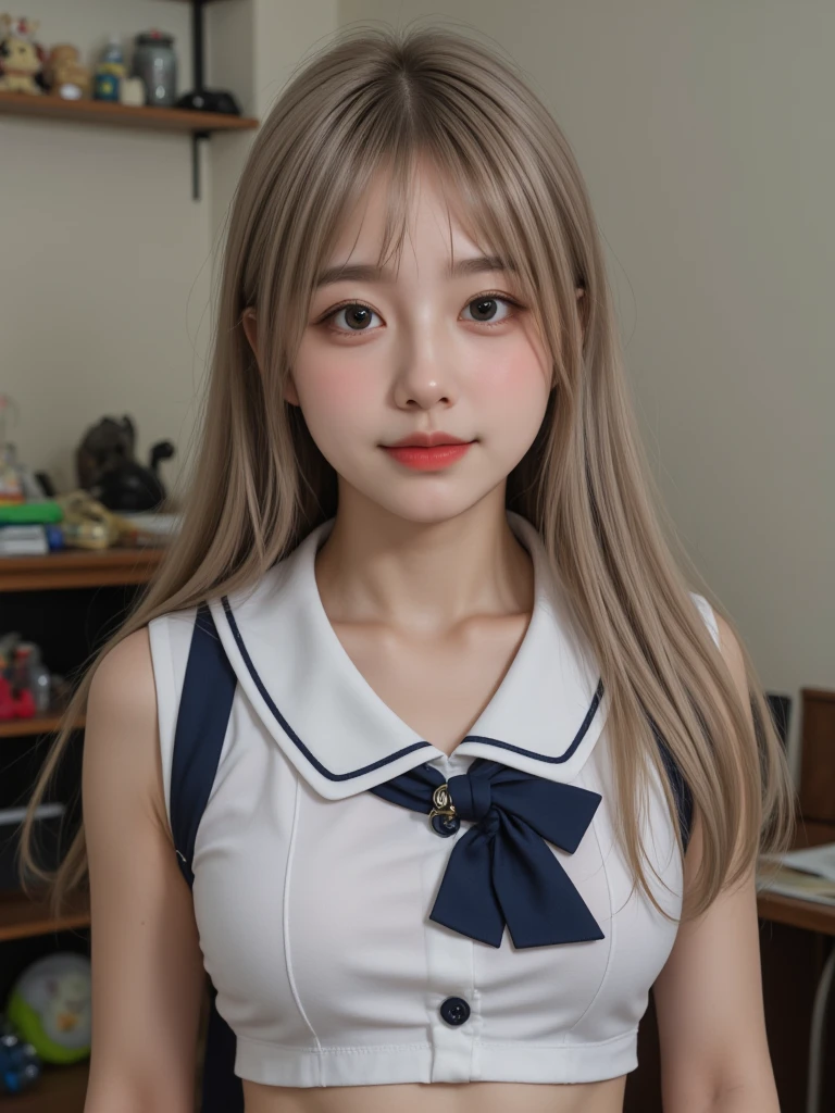 (masterpiece:1.3)、Very fine finish、(High resolution、8K:1.3)、(Highest quality)、(Ultra-realistic as a photo:1.3)、Correct limbs、Anatomically correct, The face is in focus、(Face close-up:1.3)、 Ultra High Resolution Face、The face is in focus、Ultra high definition and beautiful eyes、Concentrated eyes、Eyes are symmetrical:1.3、High quality and beautiful skin、Firm Skin、Ultra HD Hair Texture、Japanese women、 years old、bionde、Short Twin Tails、very cute, Half Up:1.3, high school girl、high school girl break (A short-sleeved navy blue high school girl's uniform、Short-sleeved sailor suit:1.3), (Embarrassing:1.3), (blush:1.3), (Troubled expression:1.3), Mr..々Shooting angle:1.3, View your viewers, Browsing Caution, Licking fingers、Red Wall、smile