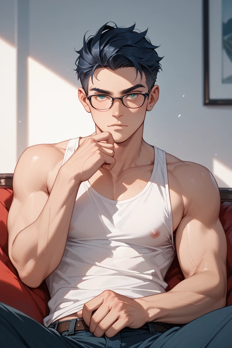 man in white underwear sitting on a bed with a red blanket, 17 years old, teen boy, handsome pale, mature, muscular young man, smooth skin, very smooth, anton, teenage boy, white skirt and barechest, well proportioned, short dark hair, messy hair, glasses, freckles on face, curly hair, perfect face, perfect eyes