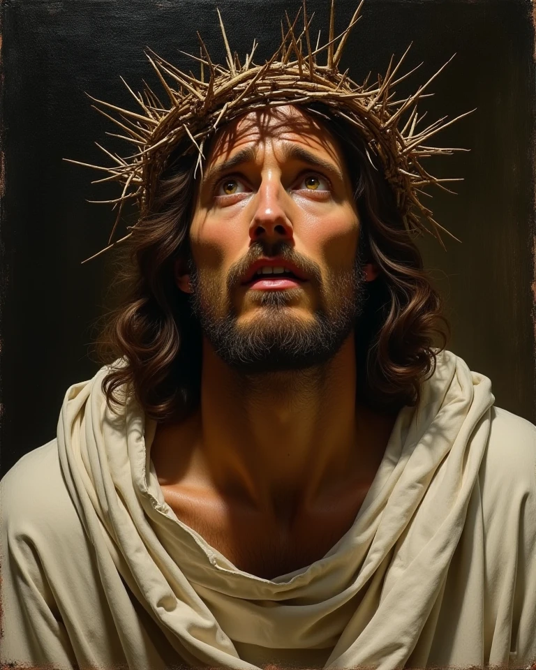 I need you to create for me an image of Christ in a frontal posture and look with the crown of thorns, with the head to one side but only a little