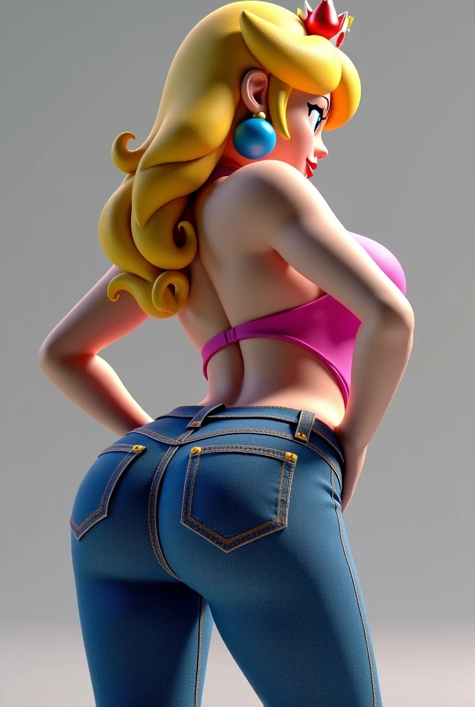 cowboy shot, Princess Peach, 1980s \(style\), 1girl, long blonde hair, retro artstyle, long wavy hair, solo, Peach, unbutton_shirt, (natural_breasts:1.2), medium_breasts, cleavage, full body shot, white top, model pose, shoes visible, ass view, face view, multiple views